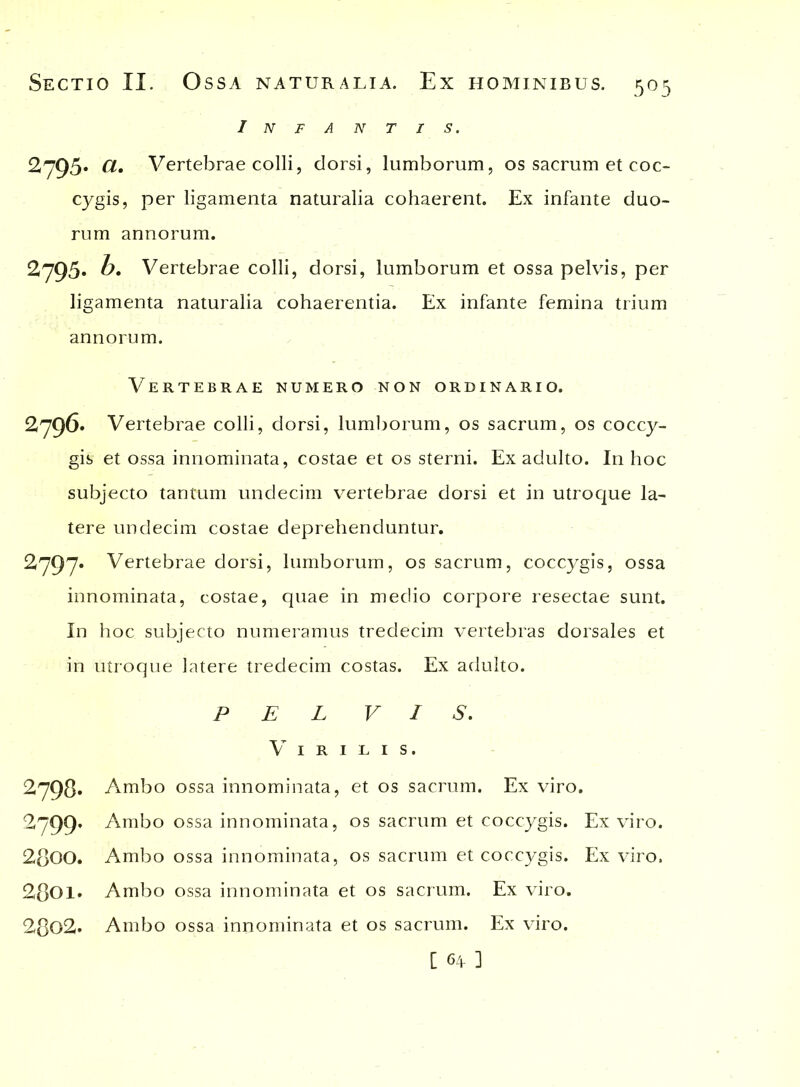 Infantis. 2795* a. Vertebrae colli, dorsi, lumborum, os sacrum et coc- cygis, per ligamenta naturalia cohaerent. Ex infante duo- rum annorum. 2795* b. Vertebrae colli, dorsi, lumborum et ossa pelvis, per ligamenta naturalia cohaerentia. Ex infante femina trium annorum. Vertebrae numero non ordinario. 2796. Vertebrae colli, dorsi, lumborum, os sacrum, os coccy- gis et ossa innominata, costae et os sterni. Ex adulto. In hoc subjecto tantum undecim vertebrae dorsi et in utroque la- tere undecim costae deprehenduntur. 2797* Vertebrae dorsi, lumborum, os sacrum, coccygis, ossa innominata, costae, quae in medio corpore resectae sunt. In hoc subjecto numeramus tredecim vertebras dorsales et in utroque latere tredecim costas. Ex adulto. P E L VIS. Virilis. 2798» Ambo ossa innominata, et os sacrum. Ex viro. 2799. Ambo ossa innominata, os sacrum et coccygis. Ex viro. 2800. Ambo ossa innominata, os sacrum et coccygis. Ex viro. 2801. Ambo ossa innominata et os sacrum. Ex viro. 2802. Ambo ossa innominata et os sacrum. Ex viro. [ 64- ]