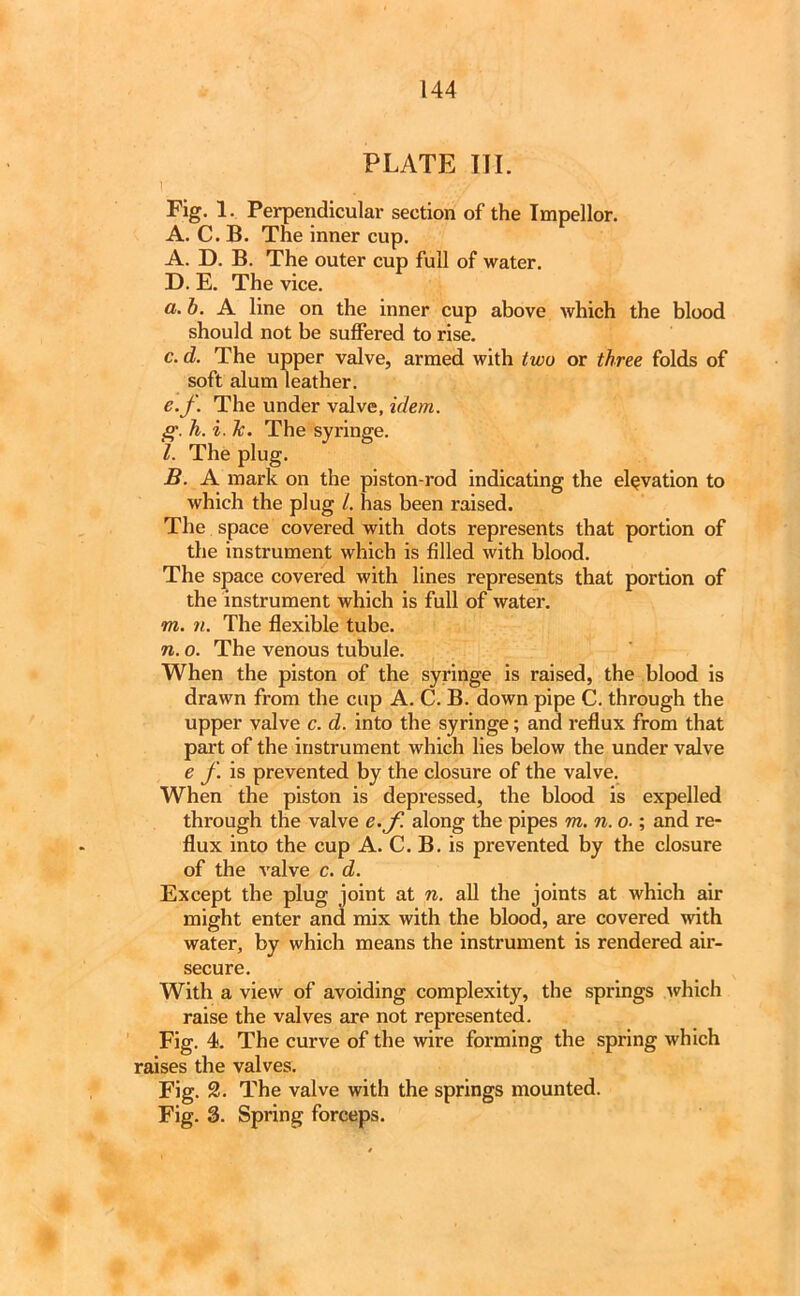 144 PLATE III. Fig. 1. Perpendicular section of the Impellor. A. C. B. The inner cup. A. D. B. The outer cup full of water. D. E. The vice. a.b. A line on the inner cup above which the blood should not be suffered to rise. c. d. The upper valve, armed with two or three folds of soft alum leather. e.f. The under valve, idem. g. h. i. Jc. The syi'inge. l. The plug. B. A mark on the piston-rod indicating the elevation to which the plug l. has been raised. The space covered with dots represents that portion of the instrument which is filled with blood. The space covered with lines represents that portion of the instrument which is full of water. m. n. The flexible tube. n. o. The venous tubule. When the piston of the syringe is raised, the blood is drawn from the cup A. C. B. down pipe C. through the upper valve c. d. into the syringe; and reflux from that part of the instrument which lies below the under valve e f. is prevented by the closure of the valve. When the piston is depressed, the blood is expelled through the valve e.f. along the pipes m. n. o■; and re- flux into the cup A. C. B. is prevented by the closure of the valve c. d. Except the plug joint at n. all the joints at which air might enter and mix with the blood, are covered with water, by which means the instrument is rendered air- secure. With a view of avoiding complexity, the springs which raise the valves are not represented. Fig. 4. The curve of the wire forming the spring which raises the valves. Fig. 2. The valve with the springs mounted. Fig. 3. Spring forceps.