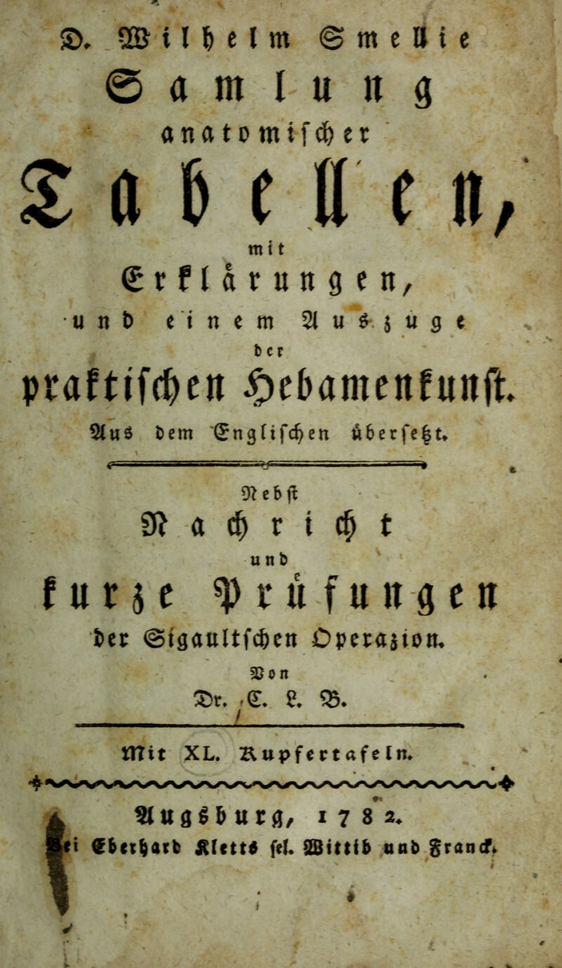 SX vßMl&elm ©meUic 0 fl nt I u n g önatomiftöer S fl 6 eIT (n, m 11 (Srfl&ruttgen, u n t> einem 21 u £. $ u g e fc c r praftifcften £eNmeitfunft. 2lu$ i>em 2ng(tfd)en fiberfc|t* SR a # r t cf) t unb f u r j c «Prüfungen Per ©igaültfdjen Dpetajtoit. 35 o n £>r. .e. e. 55. I ttTtt XL. Rupfertafeln. 2lug$&urg, 1782. t <?&ttljatfc Älett« fei. SBtttib nab granif.