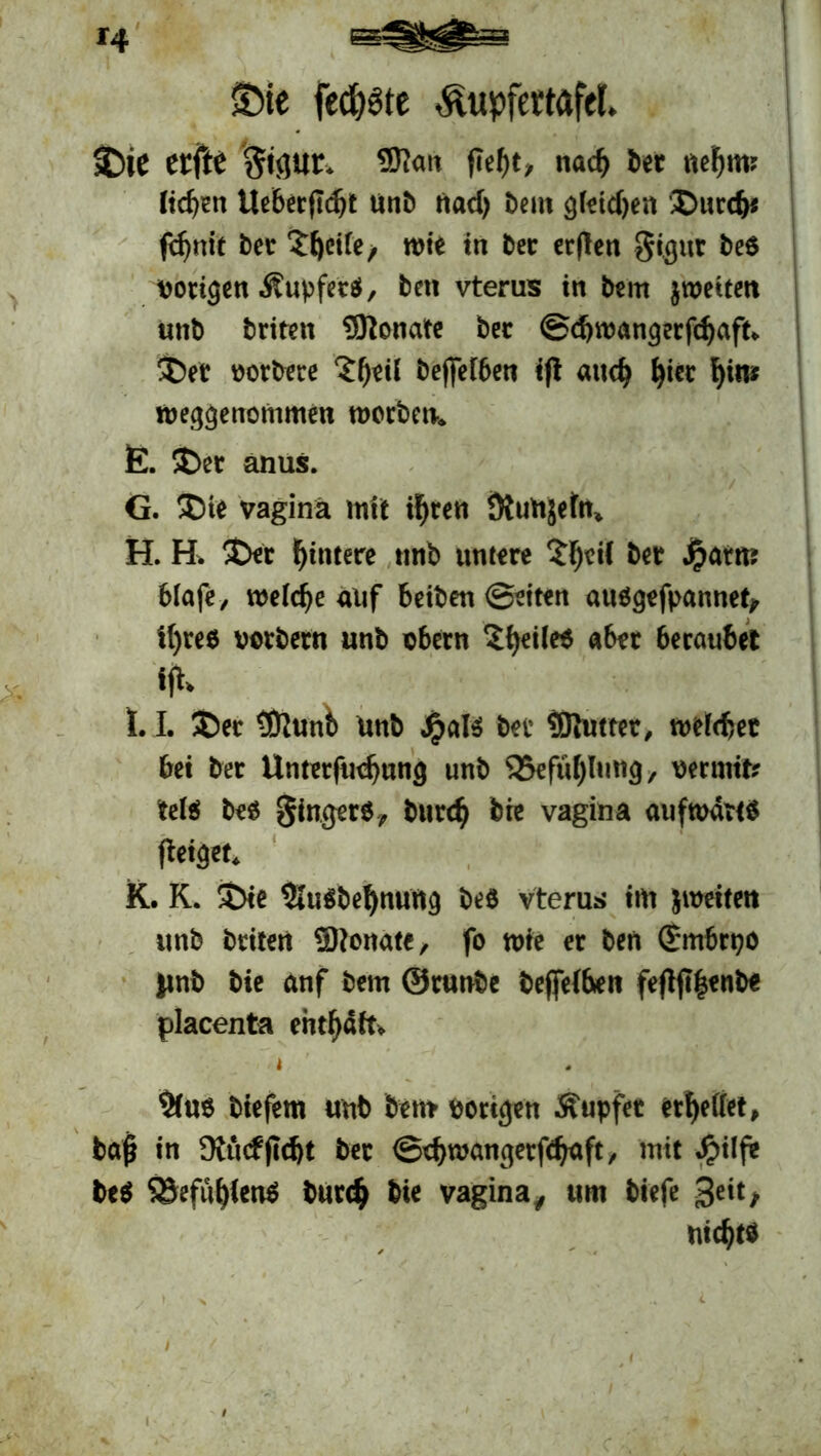 Sie fedjste &upfertafel. SDiC etfte §tgur. SOJan fielet, nacfj bet uefjmr licken Ueberftdjl Unb itad> bem gleichen ®ucd)* fdjnit ber Steife/ tvie in ber crflcn gi.gur be$ vorigen .Kupfers, ben vterus in bem ^weiten utib briten 9ftonate ber @d)tvangerfd)aft* $)et vorbere £f)eü bejfeI6en iß attefj fyiet l)im tveggenommen werben* E. $>er anus. G. ®te vaginä mit ifyren Slutyetn* H. H. Xtfr Hintere tmb untere $!)ei{ ber #atm bfafe, welche auf beiben ©eiten auägefpannet, tf)re$ vorbern unb obern feiles aber beraubet X. I. &ec 9ftunb unb Jjjals ber Siuttet, weirfjec bei ber Unterfu<^ung unb SSefü^lung, verniit? tels beä ginger*, burd> bie vagina aufwärts geiget* K. K. $>ie $u$befynuftg beS vterus im jweitett unb briten SRonate, fo wie er ben (Smbrtjo jmb bie anf bem ©runbe beleihen fefljt|enbe placenta ehtf)dtt* i 9(«ß btefem «nt» bent »ottgen Äupfet etfyedet, btfj} in SKtnffi^t bet @d)n>angerfd>«ft, mit Jjiifft beß 'S&efiifjienß butd) bie vagina, um biefe Seit, ntdj» . i I ' C