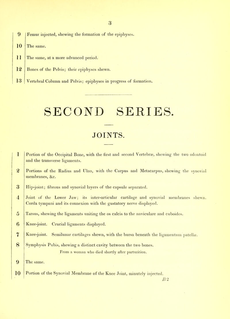 9 10 11 12 13 Femur injected, shewing the formation of the epiphyses. The same. The same, at a more advanced period. Bones of the Pelvis; their epiphyses shewn. Vertebral Column and Pelvis; epiphyses in progress of formation. SECOND SERIES. JOINTS. 1 2 3 4 5 6 7 8 9 10 Portion of the Occipital Bone, with the first and second Vertebra, shewing the two odontoid and the transverse ligaments. Portions of the Radius and Ulna, with the Carpus and Metacarpus, shewing the synovial membranes, 8cc. Hip-joint; fibrous and synovial layers of the capsule separated. Joint of the Lower Jaw; its inter-articular cartilage and synovial membranes shewn. Corda tympani and its connexion with the gustatory nerve displayed. Tarsus, shewing the ligaments uniting the os calcis to the naviculare and cuboides. Knee-joint. Crucial ligaments displayed. Knee-joint. Semilunar cartilages shewn, with the bursa beneath the ligamentum patellae. Symphysis Pubis, shewing a distinct cavity between the twro bones. From a woman who died shortly after parturition. The same. Portion of the Synovial Membrane of the Knee Joint, minutely injected. £2