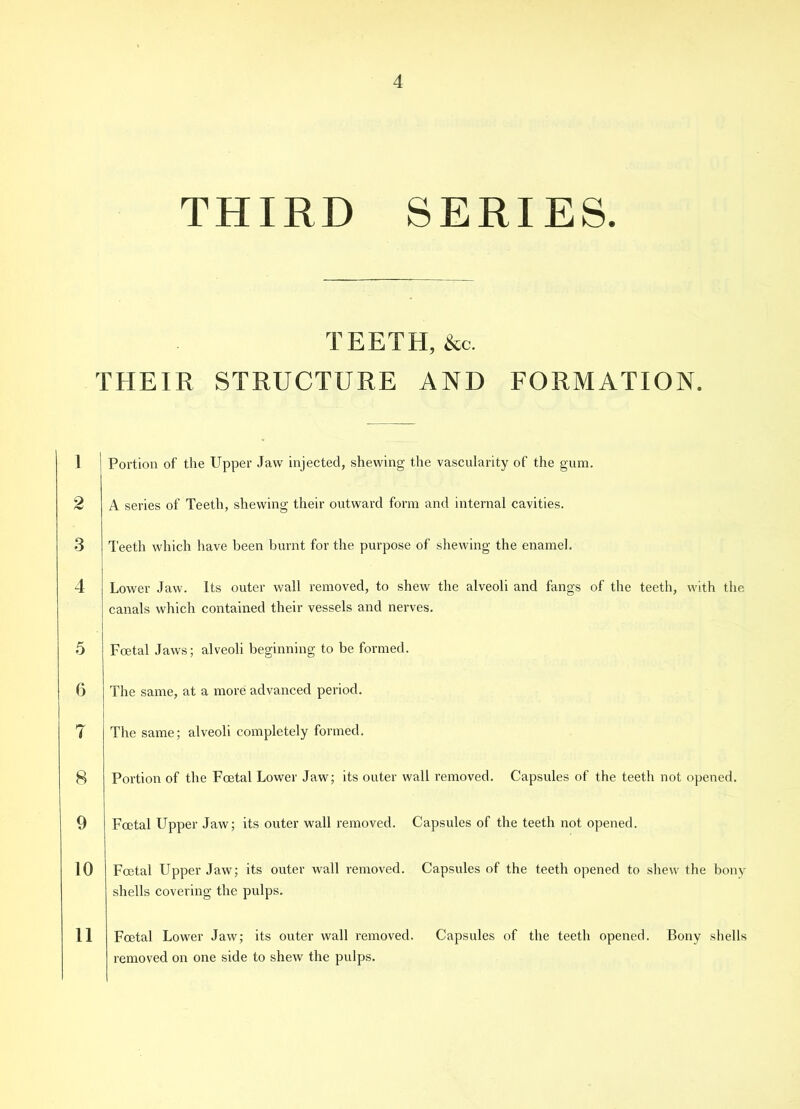 I 9 3 4 5 6 7 8 9 10 THIRD SERIES. TEETH, &c. THEIR STRUCTURE AND FORMATION. ! Portion of the Upper Jaw injected, shewing the vascularity of the gum. A series of Teeth, shewing their outward form and internal cavities. Teeth which have been burnt for the purpose of shewing the enamel. Lower Jaw. Its outer wall removed, to shew the alveoli and fangs of the teeth, with the canals which contained their vessels and nerves. Foetal Jaws; alveoli beginning to be formed. The same, at a more advanced period. The same; alveoli completely formed. Portion of the Foetal Lower Jaw; its outer wall removed. Capsules of the teeth not opened. Foetal Upper Jaw; its outer wall removed. Capsules of the teeth not opened. Foetal Upper Jaw; its outer wall removed. Capsules of the teeth opened to shew the bony shells covering the pulps. 11 Foetal Lower Jaw; its outer wall removed. Capsules of the teeth opened. Bony shells removed on one side to shew the pulps.