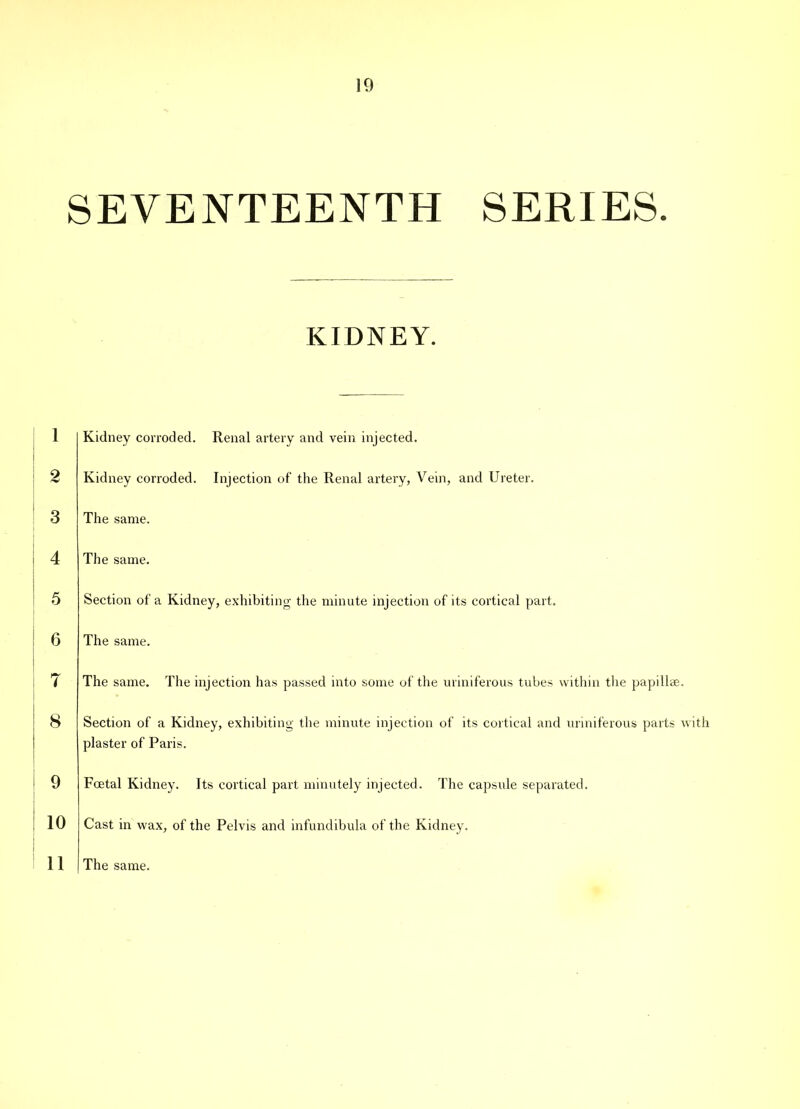 10 SEVENTEENTH SERIES. KIDNEY. 1 2 3 4 5 6 7 8 9 10 Kidney corroded. Renal artery and vein injected. Kidney corroded. Injection of the Renal artery, Vein, and Ureter. The same. The same. Section of a Kidney, exhibiting the minute injection of its cortical part. The same. The same. The injection has passed into some of the uriniferous tubes within the papillae. Section of a Kidney, exhibiting the minute injection of its cortical and uriniferous parts with plaster of Paris. Fcetal Kidney. Its cortical part minutely injected. The capsule separated. Cast in wax, of the Pelvis and infundibula of the Kidney.