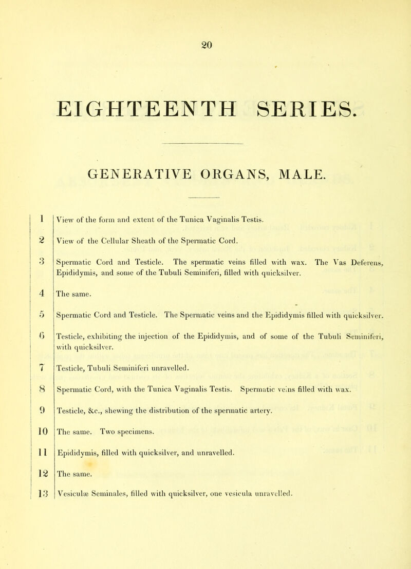 1 2 3 4 5 6 T 8 9 10 11 12 13 20 EIGHTEENTH SERIES. GENERATIVE ORGANS, MALE. View of the form and extent of the Tunica Vaginalis Testis. View of the Cellular Sheath of the Spermatic Cord. Spermatic Cord and Testicle. The spermatic veins filled with wax. The Vas Deferens,. Epididymis, and some of the Tubuli Seminiferi, filled with quicksilver. The same. Spermatic Cord and Testicle. The Spermatic veins and the Epididymis filled with quicksilver. Testicle, exhibiting the injection of the Epididymis, and of some of the Tubuli Seminiferi, with quicksilver. Testicle, Tubuli Seminiferi unravelled. Spermatic Cord, with the Tunica Vaginalis Testis. Spermatic veins filled with wax. Testicle, &c., shewing the distribution of the spermatic artery. The same. Two specimens. Epididymis, filled with quicksilver, and unravelled. The same. Vesiculse Seminales, filled with quicksilver, one vesicula unravelled.