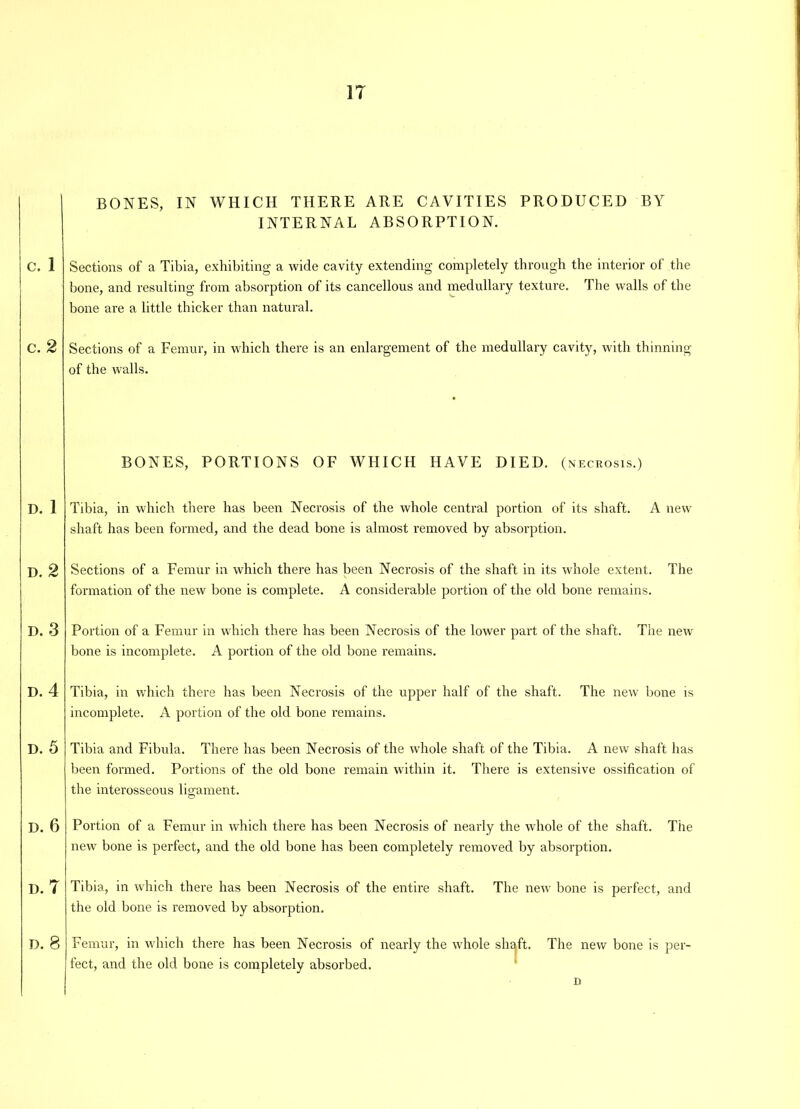 IT BONES, IN WHICH THERE ARE CAVITIES PRODUCED BY INTERNAL ABSORPTION. C. 1 Sections of a Tibia, exhibiting a wide cavity extending completely through the interior of the bone, and resulting from absorption of its cancellous and medullary texture. The walls of the bone are a little thicker than natural. C. 2 Sections of a Femur, in which there is an enlargement of the medullary cavity, with thinning of the walls. BONES, PORTIONS OF WHICH HAVE DIED. (necrosis.) D. 1 Tibia, in which there has been Necrosis of the whole central portion of its shaft, shaft has been formed, and the dead bone is almost removed by absorption. A new D, 2 Sections of a Femur in which there has been Necrosis of the shaft in its whole extent. The formation of the new bone is complete. A considerable portion of the old bone remains. D. 3 Portion of a Femur in which there has been Necrosis of the lower part of the shaft. The new bone is incomplete. A portion of the old bone remains. D. 4 Tibia, in which there has been Necrosis of the upper half of the shaft. The new bone is incomplete. A portion of the old bone remains. D. 5 Tibia and Fibula. There has been Necrosis of the whole shaft of the Tibia. A new shaft has been formed. Portions of the old bone remain within it. There is extensive ossification of the interosseous ligament. D. 6 Portion of a Femur in which there has been Necrosis of nearly the whole of the shaft. The new bone is perfect, and the old bone has been completely removed by absorption. D. Tibia, in which there has been Necrosis of the entire shaft. The new bone is perfect, and the old bone is removed by absorption. D. 8 Femur, in which there has been Necrosis of nearly the whole shaft, feet, and the old bone is completely absorbed. The new bone is per- D