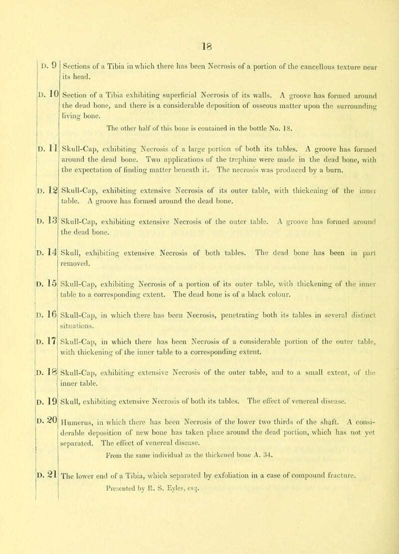 I d. 9 D. 10 D. 11 D. 12 D. 13 D. 14 D. 15 !). 16 I). 1? ;d. 18 ID. 19 d. 20 D. 21 Sections of a Tibia in which there has been Necrosis of a portion of the cancellous texture near its head. Section of a Tibia exhibiting superficial Necrosis of its walls. A groove has formed around the dead bone, and there is a considerable deposition of osseous matter upon the surrounding living bone. The other half of this bone is contained in the bottle No. 18. Skull-Cap, exhibiting Necrosis of a large portion of both its tables. A groove has formed around the dead bone. Two applications of the trephine were made in the dead bone, with the expectation of finding matter beneath it. The necrosis was produced by a burn. Skull-Cap, exhibiting extensive Necrosis of its outer table, with thickening of the inner table. A groove has formed around the dead bone. Skull-Cap, exhibiting extensive Necrosis of the outer table. A groove has formed around the dead bone. Skull, exhibiting extensive Necrosis of both tables. The dead bone has been in part removed. Skull-Cap, exhibiting Necrosis of a portion of its outer table, with thickening of the inner table to a corresponding extent. The dead bone is of a black colour. Skull-Cap, in which there has been Necrosis, penetrating both its tables in several distinct situations. Skull-Cap, in which there has been Necrosis of a considerable portion of the outer table, with thickening of the inner table to a corresponding extent. Skull-Cap, exhibiting extensive Necrosis of the outer table, and to a small extent, of the inner table. Skull, exhibiting extensive Necrosis of both its tables. The effect of venereal disease. 7 O Humerus, in which there has been Necrosis of the lower two thirds of the shaft. A consi- derable deposition of new bone has taken place around the dead portion, which has not yet separated. The effect of venereal disease. From the same individual as the thickened bone A. 34. The lower end of a Tibia, which separated by exfoliation in a case of compound fracture. Presented by Pt. S. Eyles, esq.