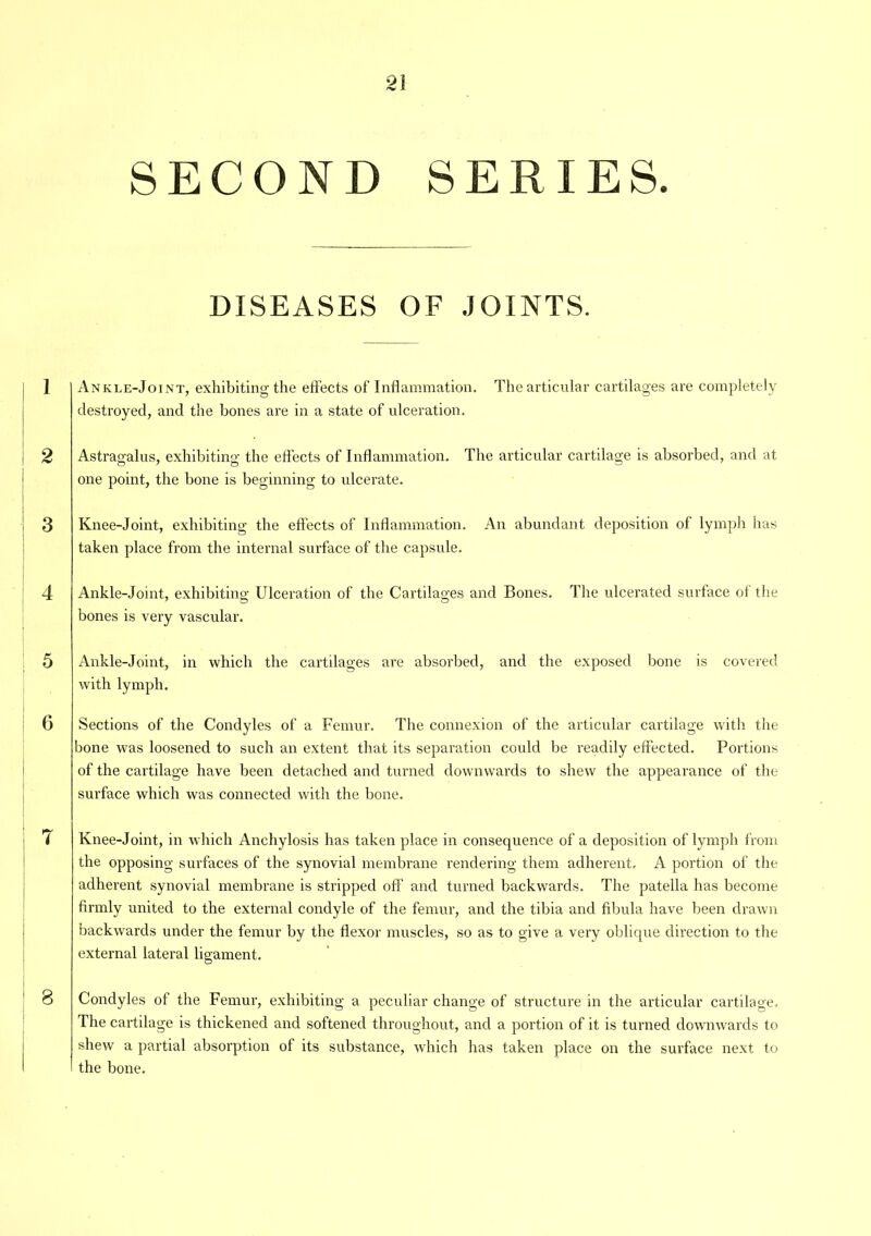 SECOND SERIES. DISEASES OF JOINTS. 1 Ankle-Joint, exhibiting the effects of Inflammation. The articular cartilages are completely destroyed, and the bones are in a state of ulceration. 2' Astragalus, exhibiting the effects of Inflammation. The articular cartilage is absorbed, and at one point, the bone is beginning to ulcerate. 3 Knee-Joint, exhibiting the effects of Inflammation. An abundant deposition of lymph has taken place from the internal surface of the capsule. 4 Ankle-Joint, exhibiting; Ulceration of the Cartilag-es and Bones. The ulcerated surface ot the 7 o O bones is very vascular. 5 Ankle-Joint, in which the cartilages are absorbed, and the exposed bone is covered with lymph. 6 Sections of the Condyles of a Femur. The connexion of the articular cartilage with the bone was loosened to such an extent that its separation could be readily effected. Portions of the cartilage have been detached and turned downwards to shew the appearance of the surface which was connected with the bone. i Knee-Joint, in which Anchylosis has taken place in consequence of a deposition of lymph from the opposing surfaces of the synovial membrane rendering them adherent, A portion of the adherent synovial membrane is stripped off and turned backwards. The patella has become firmly united to the external condyle of the femur, and the tibia and fibula have been drawn backwards under the femur by the flexor muscles, so as to give a very oblique direction to the external lateral ligament. 8 Condyles of the Femur, exhibiting a peculiar change of structure in the articular cartilage. The cartilage is thickened and softened throughout, and a portion of it is turned downwards to shew a partial absorption of its substance, which has taken place on the surface next to the bone.