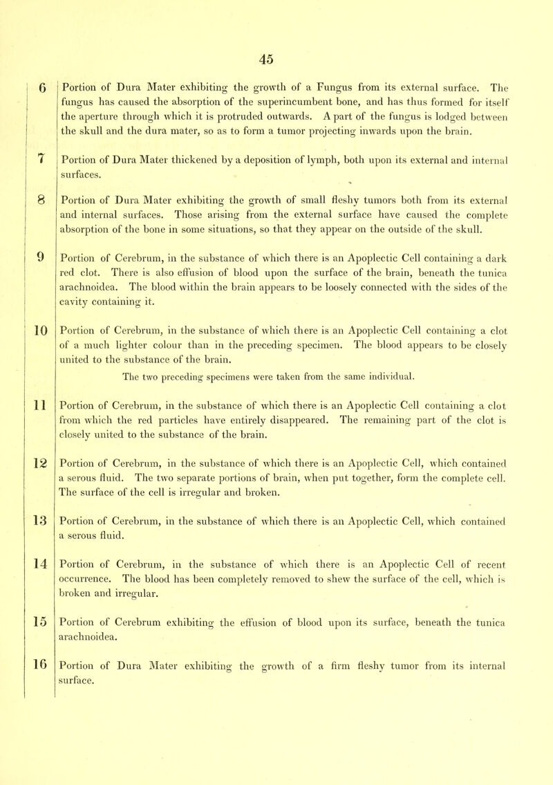 6 7 I 10 12 13 14 15 16 Portion of Dura Mater exhibiting the growth of a Fungus from its external surface. The fungus has caused the absorption of the superincumbent bone, and has thus formed for itself the aperture through which it is protruded outwards. A part of the fungus is lodged between the skull and the dura mater, so as to form a tumor projecting inwards upon the brain. Portion of Dura Mater thickened by a deposition of lymph, both upon its external and internal surfaces. Portion of Dura Mater exhibiting the growth of small fleshy tumors both from its external and internal surfaces. Those arising from the external surface have caused the complete absorption of the bone in some situations, so that they appear on the outside of the skull. Portion of Cerebrum, in the substance of which there is an Apoplectic Cell containing a dark red clot. There is also effusion of blood upon the surface of the brain, beneath the tunica arachnoidea. The blood within the brain appears to be loosely connected with the sides of the cavity containing it. Portion of Cerebrum, in the substance of which there is an Apoplectic Cell containing a clot of a much lighter colour than in the preceding specimen. The blood appears to be closely united to the substance of the brain. The two preceding specimens were taken from the same individual. Portion of Cerebrum, in the substance of which there is an Apoplectic Cell containing a clot from which the red particles have entirely disappeared. The remaining part of the clot is closely united to the substance of the brain. Portion of Cerebrum, in the substance of which there is an Apoplectic Cell, which contained a serous fluid. The two separate portions of brain, when put together, form the complete cell. The surface of the cell is irregular and broken. Portion of Cerebrum, in the substance of which there is an Apoplectic Cell, which contained a serous fluid. Portion of Cerebrum, in the substance of which there is an Apoplectic Cell of recent occurrence. The blood has been completely removed to shew the surface of the cell, which is broken and irregular. Portion of Cerebrum exhibiting the effusion of blood upon its surface, beneath the tunica arachnoidea. Portion of Dura Mater exhibiting the growth of a firm fleshy tumor from its internal surface.