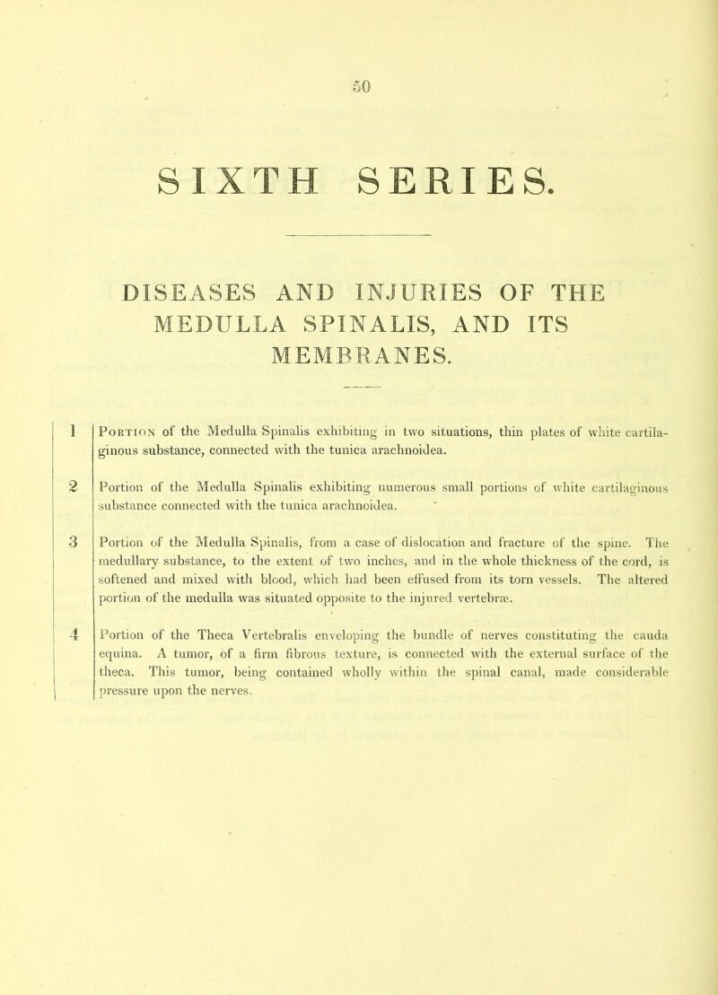 SIXTH SERIES. DISEASES AND INJURIES OF THE MEDULLA SPINALIS, AND ITS MEMBRANES. 1 Portion of the Medulla Spinalis exhibiting in two situations, thin plates of white cartila- ginous substance, connected with the tunica arachnoidea. 2 Portion of the Medulla Spinalis exhibiting numerous small portions of white cartilaginous substance connected with the tunica arachnoidea. 3 Portion of the Medulla Spinalis, from a case of dislocation and fracture of the spine. The medullary substance, to the extent of two inches, and in the whole thickness of the cord, is softened and mixed witli blood, which had been effused from its torn vessels. The altered portion of the medulla was situated opposite to the injured vertebrae. 4 Portion of the Theca Vertebralis enveloping the bundle of nerves constituting the cauda equina. A tumor, of a firm fibrous texture, is connected with the external surface of the theca. This tumor, being contained wholly within the spinal canal, made considerable pressure upon the nerves.