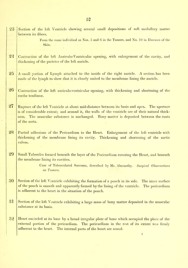 23 24 25 26 27 28 29 30 31 32 Section of the left Ventricle shewing several small depositions of soft medullary matter between its fibres. From the same individual as Nos. 5 and 6 in the Tumors, and No. 10 in Diseases of the Skin. Contraction of the left Auriculo-Ventricular opening, with enlargement of the cavity, and thickening of the parietes of the left auricle. A small portion of Lymph attached to the inside of the right auricle. A section has been made of the lymph to shew that it is closely united to the membrane lining the auricle. Contraction of the left auriculo-ventricular opening, with thickening and shortening of the cordee tendinese. Rupture of the left Ventricle at about mid-distance between its basis and apex. The aperture is of considerable extent; and around it, the walls of the ventricle are of their natural thick- ness. The muscular substance is unchanged. Bony matter is deposited between the coats of the aorta. Partial adhesions of the Pericardium to the Heart. Enlargement of the left ventricle with thickening of the membrane lining its cavity. Thickening and shortening of the aortic valves. Small Tubercles formed beneath the layer of the Pericardium covering the Heart, and beneath the membrane lining its cavities. Case of Tuberculated Sarcoma, described by Mr. Abernethy. Surgical Observations on Tumors. Section of the left Ventricle exhibiting the formation of a pouch in its side. The inner surface of the pouch is smooth and apparently formed by the lining of the ventricle. The pericardium is adherent to the heart in the situation of the pouch. Section of the left Ventricle exhibiting a large mass of bony matter deposited in the muscular substance at its basis. Heart encircled at its base by a broad irregular plate of bone which occupied the place of the external portion of the pericardium. The pericardium in the rest of its extent was firmly adherent to the heart. The internal parts of the heart are sound. I