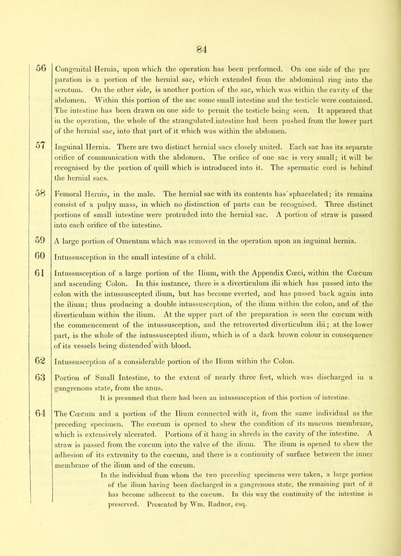 56 57 58 59 60 61 62 63 64 Congenital Hernia, upon which the operation has been performed. On one side of the pre paration is a portion of the hernial sac, which extended from the abdominal ring into the scrotum. On the other side, is another portion of the sac, which was within the cavity of the abdomen. Within this portion of the sac some small intestine and the testicle were contained. The intestine has been drawn on one side to permit the testicle being seen. It appeared that in the operation, the whole of the strangulated intestine had been pushed from the lower part of the hernial sac, into that part of it which was within the abdomen. Inguinal Hernia. There are two distinct hernial sacs closely united. Each sac has its separate orifice of communication with the abdomen. The orifice of one sac is very small; it will be recognised by the portion of quill which is introduced into it. The spermatic cord is behind the hernial sacs. Femoral Hernia, in the male. The hernial sac with its contents has'sphacelated; its remains consist of a pulpy mass, in which no distinction of parts can be recognised. Three distinct portions of small intestine were protruded into the hernial sac. A portion of straw is passed into each orifice of the intestine. A large portion of Omentum which was removed in the operation upon an inguinal hernia. Intussusception in the small intestine of a child. Intussusception of a large portion of the Ilium, with the Appendix Coeci, within the Coecum and ascending Colon. In this instance, there is a diverticulum ilii which has passed into the colon with the intussuscepted ilium, but has become everted, and has passed back again into the ilium; thus producing a double intussusception, of the ilium within the colon, and of the diverticulum within the ilium. At the upper part of the preparation is seen the coecum with the commencement of the intussusception, and the retroverted diverticulum ilii; at the lower part, is the whole of the intussuscepted ilium, which is of a dark brown colour in consequence of its vessels being distended with blood. Intussusception of a considerable portion of the Ilium within the Colon. Portion of Small Intestine, to the extent of nearly three feet, which was discharged in a gangrenous state, from the anus. It is presumed that there had been an intussusception of this portion of intestine. The Coecum and a portion of the Ilium connected with it, from the same individual as the preceding specimen. The coecum is opened to shew the condition of its mucous membrane, which is extensively ulcerated. Portions of it hang in shreds in the cavity of the intestine. A straw is passed from the coecum into the valve of the ilium. The ilium is opened to shew the adhesion of its extremity to the coecum, and there is a continuity of surface between the inner membrane of the ilium and of the coecum. In the individual from whom the two preceding specimens were taken, a large portion of the ilium having been discharged in a gangrenous state, the remaining part ot it has become adherent to the coecum. In this way the continuity of the intestine is preserved. Presented by Wm. Radnor, esq.