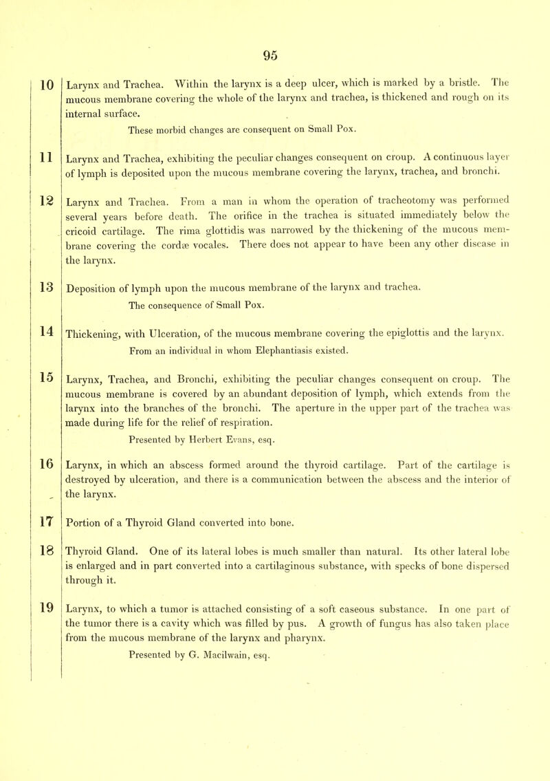 Larynx and Trachea. Within the larynx is a deep ulcer, which is marked by a bristle. The mucous membrane covering the whole of the larynx and trachea, is thickened and rough on its internal surface. These morbid changes are consequent on Small Pox. Larynx and Trachea, exhibiting the peculiar changes consequent on croup. A continuous layer of lymph is deposited upon the mucous membrane covering the larynx, trachea, and bronchi. Larynx and Trachea. From a man in whom the operation of tracheotomy was performed several years before death. The orifice in the trachea is situated immediately below the cricoid cartilage. The rima glottidis was narrowed by the thickening of the mucous mem- brane covering the cordse vocales. There does not appear to have been any other disease in the larynx. Deposition of lymph upon the mucous membrane of the larynx and trachea. The consequence of Small Pox. Thickening, with Ulceration, of the mucous membrane covering the epiglottis and the larynx. From an individual in whom Elephantiasis existed. Larynx, Trachea, and Bronchi, exhibiting the peculiar changes consequent on croup. The mucous membrane is covered by an abundant deposition of lymph, which extends from the larynx into the branches of the bronchi. The aperture in the upper part of the trachea was made during life for the relief of respiration. Presented by Herbert Evans, esq. Larynx, in which an abscess formed around the thyroid cartilage. Part of the cartilage is destroyed by ulceration, and there is a communication between the abscess and the interior of the larynx. Portion of a Thyroid Gland converted into bone. Thyroid Gland. One of its lateral lobes is much smaller than natural. Its other lateral lobe is enlarged and in part converted into a cartilaginous substance, with specks of bone dispersed through it. j Larynx, to which a tumor is attached consisting of a soft caseous substance. In one part of the tumor there is a cavity which was filled by pus. A growth of fungus has also taken place from the mucous membrane of the larynx and pharynx. Presented by G. Macilwain, esq.