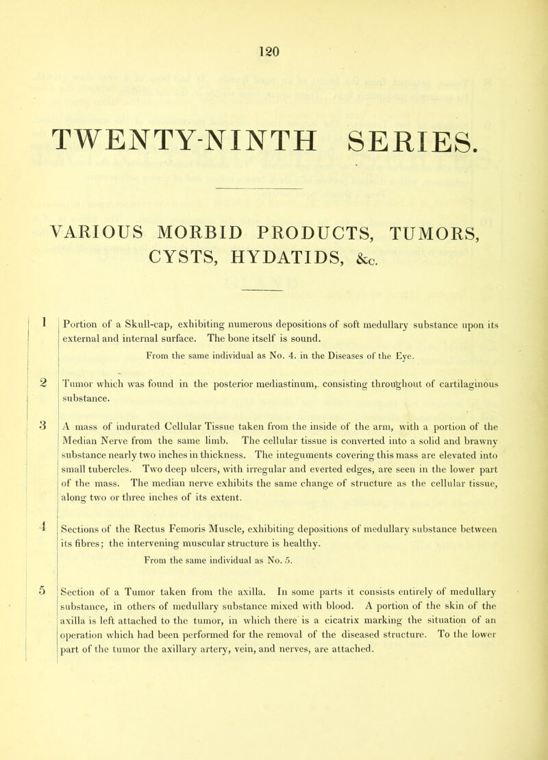 TWENTY NINTH SERIES. VARIOUS MORBID PRODUCTS, TUMORS, CYSTS, HYDATIDS, &c. 1 4 4 5 Portion of a Skull-cap, exhibiting numerous depositions of soft medullary substance upon its external and internal surface. The bone itself is sound. From the same individual as No. 4. in the Diseases of the Eye. Tumor which was found in the posterior mediastinum, consisting throughout of cartilaginous I substance. ■ A mass of indurated Cellular Tissue taken from the inside of the arm, with a portion of the Median Nerve from the same limb. The cellular tissue is converted into a solid and brawny ! substance nearly two incites in thickness. The integuments covering this mass are elevated into J small tubercles. Two deep ulcers, with irregular and everted edges, are seen in the lower part of the mass. The median nerve exhibits the same change of structure as the cellular tissue, along two or three inches of its extent. | Sections of the Rectus Femoris Muscle, exhibiting depositions of medullary substance between its fibres; the intervening muscular structure is healthy. From the same individual as No. 5. Section of a Tumor taken from the axilla. In some parts it consists entirely of medullary substance, in others of medullary substance mixed with blood. A portion of the skin of the axilla is left attached to the tumor, in which there is a cicatrix marking the situation of an operation which had been performed for the removal of the diseased structure. To the lower part of the tumor the axillary artery, vein, and nerves, are attached.