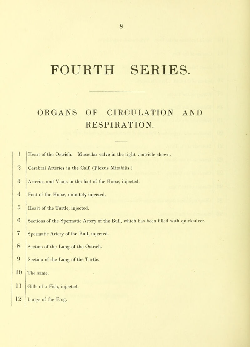 FOURTH SERIES. ORGANS OF CIRCULATION AND RESPIRATION. 1 9 3 4 5 6 7 8 9 10 11 12 Heart of the Ostrich. Muscular valve in the right ventricle shewn. Cerebral Arteries in the Calf, (Plexus Mirabilis.) Arteries and Veins in the foot of the Horse, injected. Foot of the Horse, minutely injected. Heart of the Turtle, injected. Sections of the Spermatic Artery of the Bull, which has been filled with quicksilver. Spermatic Artery of the Bull, injected. Section of the Lung of the Ostrich. Section of the Lung of the Turtle. The same. Gills of a Fish, injected. Lungs of the Frog.