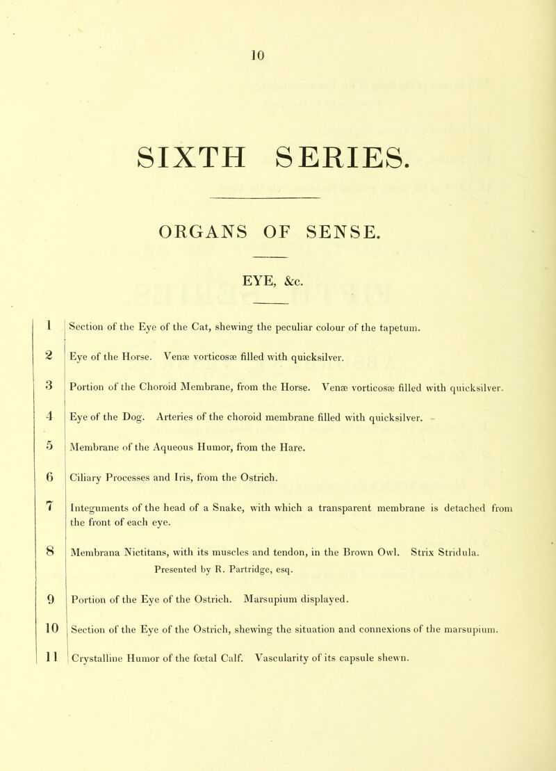 1 2 3 4 5 6 T 8 9 10 11 SIXTH SERIES. ORGANS OF SENSE. EYE, &c. Section of the Eye of the Cat, shewing the peculiar colour of the tapetum. ^ Eye of the Horse. Venae vorticosse filled with quicksilver. Portion of the Choroid Membrane, from the Horse. Venae vorticosae filled with quicksilver. Eye of the Dog. Arteries of the choroid membrane filled with quicksilver. ! Membrane of the Aqueous Humor, from the Hare. Ciliary Processes and Iris, from the Ostrich. Integuments of the head of a Snake, with which a transparent membrane is detached from the front of each eye. Membrana Nictitans, with its muscles and tendon, in the Brown Owl. Strix Stridula. Presented by R. Partridge, esq. Portion of the Eye of the Ostrich. Marsupium displayed. Section of the Eye of the Ostrich, shewing the situation and connexions of the marsupium. Crystalline Humor of the foetal Calf. Vascularity of its capsule shewn.