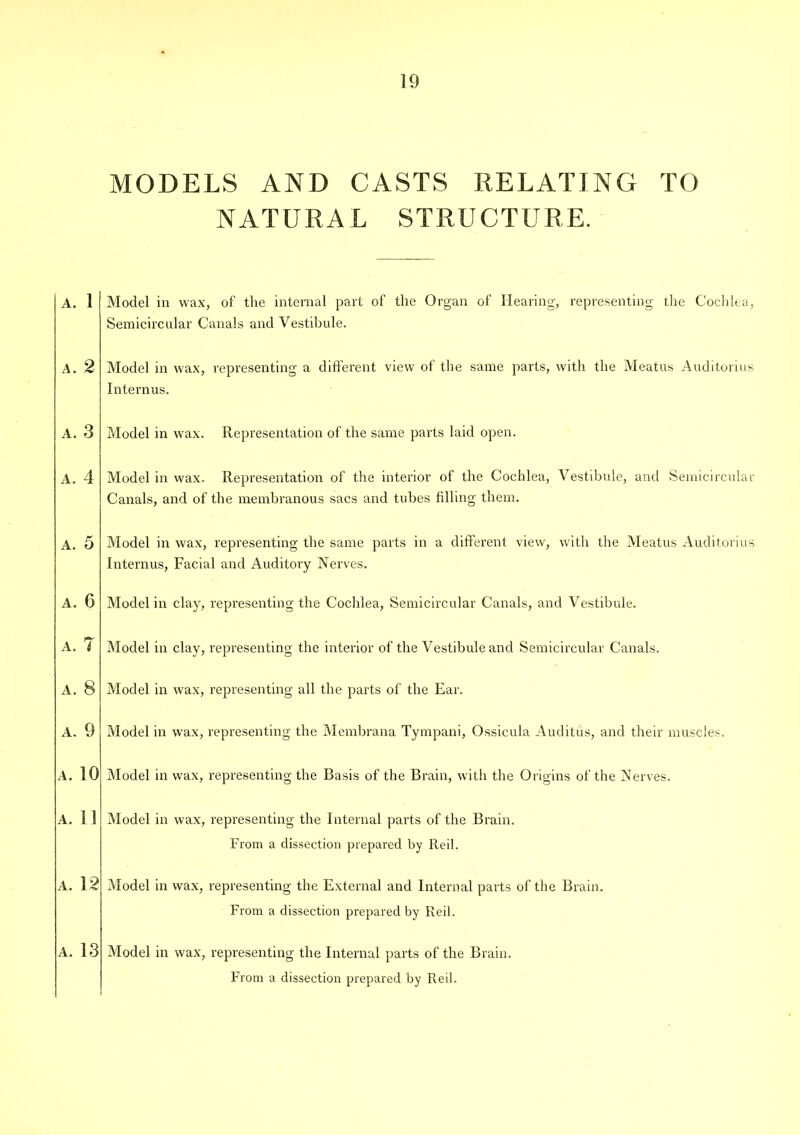 MODELS AND CASTS RELATING TO NATURAL STRUCTURE. A. 1 A. 2 A. 3 A. 4 A. 5 A. 6 A. 7 A. 8 A. 9 A. 10 A. 11 A. 12 A. 13 Model in wax, of the internal part of the Organ of Hearing, representing the Cochlea, Semicircular Canals and Vestibule. Model in wax, representing a different view of the same parts, with the Meatus Auditorius Internus. Model in wax. Representation of the same parts laid open. Model in wax. Representation of the interior of the Cochlea, Vestibule, and Semicircular Canals, and of the membranous sacs and tubes filling them. Model in wax, representing the same parts in a different view, with the Meatus Auditorius Internus, Facial and Auditory Nerves. Model in clay, representing the Cochlea, Semicircular Canals, and Vestibule. Model in clay, representing the interior of the Vestibule and Semicircular Canals. Model in wax, representing all the parts of the Ear. Model in wax, representing the Membrana Tympani, Ossicula Auditus, and their muscles. Model in wax, representing the Basis of the Brain, with the Origins of the Nerves. Model in wax, representing the Internal parts of the Brain. From a dissection prepared by Reil. Model in wax, representing the External and Internal parts of the Brain. From a dissection prepared by Reil. Model in wax, representing the Internal parts of the Brain. From a dissection prepared by Reil.