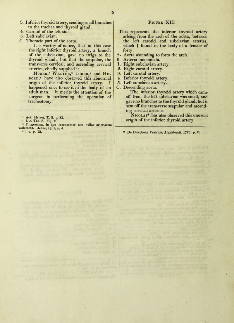 3. Inferior thyroid artery, sending small branches to the trachea and thyroid gland. 4. Carotid of the left side. 5. Left subclavian. C. Thoracic part of the aorta. It is worthy of notice, that in this case the right inferior thyroid artery, a branch of the subclavian, gave no twigs to the thyroid gland; but that the scapular, the transverse cervical, and ascending cervical arteries, chiefly supplied it. Huber,1 Walter,2 3 Loder,* and He- rold,4 have also observed this abnormal origin of the inferior thyroid artery. 1 happened once to see it in the body of an adult man. It merits the attention of the surgeon in performing the operation of tracheotomy. 1 Act. Ilelvet. T. 8. p. 83. * 1. c. Tab. 3. Fig. 2. 3 Programma, in quo recensentur non nullae arteriarum Tarietates. Jenae, 1781, p. 4. 4 1. c. p. 12. Figure XII. This represents the inferior thyroid artery arising from the arch of the aorta, between the left carotid and subclavian arteries, which I found in the body of a female of forty. A. Aorta ascending to form the arch. B. Arteria innominata. 1. Right subclavian artery. 2. Right carotid artery. 3. Left carotid artery. 4. Inferior thyroid artery. 5. Left subclavian artery. C. Descending aorta. The inferior thyroid artery which came off* from the left subclavian was small, and gave no branches to the thyroid gland, but it sent off the transverse scapular and ascend- ing cervical arteries. Nicolai* has also observed this unusual origin of the inferior thyroid artery. * De Directione Vasorom, Argentorati, 1726, p. 25.