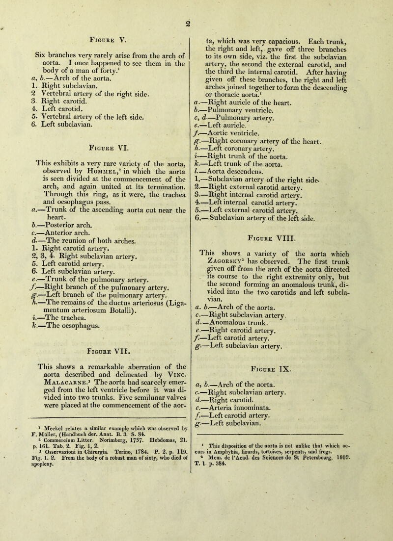 Figure V. Six branches very rarely arise from the arch of aorta. I once happened to see them in the body of a man of forty.’ а, b.—Arch of the aorta. 1. Right subclavian. 2 Vertebral artery of the right side. 3. Right carotid. 4. Left carotid. 5. Vertebral artery of the left side. б. Left subclavian. Figure VI. This exhibits a very rare variety of the aorta, observed by Hommel,2 in which the aorta is seen divided at the commencement of the arch, and again united at its termination. Through this ring, as it were, the trachea and oesophagus pass. a. —Trunk of the ascending aorta cut near the heart. b. —Posterior arch. c. —Anterior arch. d—The reunion of both arches. 1. Right carotid artery. 2, 3, 4. Right subclavian artery. 5. Left carotid artery. 6. Left subclavian artery. e.—Trunk of the pulmonary artery. f-—Right branch of the pulmonary artery. g-—Left branch of the pulmonary artery. h. —The remains of the ductus arteriosus (Liga- mentum arteriosum Botalli). i. —The trachea. The oesophagus. Figure VII. This shows a remarkable aberration of the aorta described and delineated by Vinc. Malacarne.3 The aorta had scarcely emer- ged from the left ventricle before it was di- vided into two trunks. Five semilunar valves were placed at the commencement of the aor- 1 Meckel relates a similar example which was observed by F. Muller, (Handbuch der. Anat. B. 3. S. St. 2 Commeicium Latter. Norimberg, 1737- Hebdomas, 21. p. 101. Tab. 2. Fig. 1, 2. 3 Osservazioni in Chirurgia. Torino, 1784. P. 2. p. 119. Fig. 1. 2. From the body of a robust man of sixty, who died of apoplexy. ta, which was very capacious. Each trunk, the right and left, gave off three branches to its own side, viz. the first the subclavian artery, the second the external carotid, and the third the internal carotid. After having given off these branches, the right and left arches joined together to form the descending or thoracic aorta.1 a. —Right auricle of the heart. b. —Pulmonary ventricle. c. d—Pulmonary artery. e. —Left auricle. f. —Aortic ventricle. g. —Right coronary artery of the heart. h. —Left coronary artery. i—Right trunk of the aorta. Te.—Left trunk of the aorta. I—Aorta descendens. 1. —Subclavian artery of the right side- 2. —Right external carotid artery. 3. —Right internal carotid artery. 4—Left internal carotid artery. 5. —Left external carotid artery. 6. — Subclavian artery of the left side. Figure VIII. This shows a variety of the aorta which Zagorsky2 has observed. The first trunk given off from the arch of the aorta directed its course to the right extremity only, but the second forming an anomalous trunk, di- vided into the two carotids and left subcla- vian. a. b.—Arch of the aorta. c.—Right subclavian artery. d—Anomalous trunk. e.—Right carotid artery. f—Left carotid artery. g•—Left subclavian artery. Figure IX. a, b.—Arch of the aorta. c. —Right subclavian artery. d. —Right carotid. e. —Arteria innominata. f. —Left carotid artery. g—Left subclavian. 1 This disposition of the aorta is not unlike that which oc- curs in Amphybia, lizards, tortoises, serpents, and frogs. 4 Mem. de l’Acad. des Sciences de St Petersbourg, 1809. T. 1. p. 384.