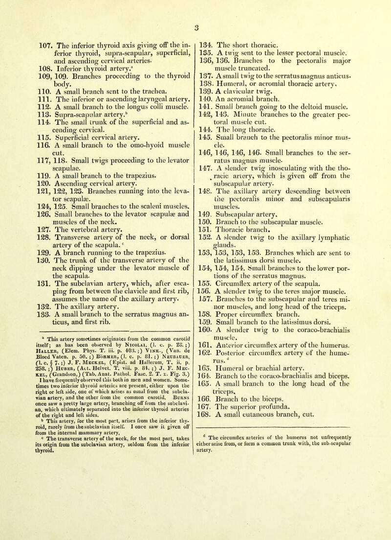 107. The inferior thyroid axis giving off the in- ferior thyroid, supra-scapular, superficial, and ascending cervical arteries- 108. Inferior thyroid artery/ 109. 109- Branches proceeding to the thyroid body. 110. A small branch sent to the trachea. 111. The inferior or ascending laryngeal artery. 112. A small branch to the longus colli muscle. 113. Supra-scapular artery/ 114. The small trunk of the superficial and as- cending cervical. 115. Superficial cervical artery. 116. A small branch to the omo-hyoid muscle cut. 117. US. Small twigs proceeding to the levator scapulae. 119. A small branch to the trapezius. 120. Ascending cervical artery. 121. 122, 123. Branches running into the leva- tor scapulae. 124, 125. Small branches to the scaleni muscles. 126. Small branches to the levator scapulae and muscles of the neck. 127. The vertebral artery. 128. Transverse artery of the neck, or dorsal artery of the scapula.c 129. A branch running to the trapezius. 130. The trunk of the transverse artery of the neck dipping under the levator muscle of the scapula. 131. The subclavian artery, which, after esca- ping from between the clavicle and first rib, assumes the name of the axillary artery. 132. The axillary artery. 133. A small branch to the serratus magnus an- ticus, and first rib. a This artery sometimes originates from the common carotid itself; as has been observed by Nicolai, (1. e. p. 28.;) Haller, (Elem. Phys. T. iii. p. 403.;) Vink., (Van. de Bloed Vaten, p. 50,;) Bohmer, (1. c, p, 81,;) Neobauer, Cl, c, § 7.;) J. F, Meckel, (Epist, ad Hallerum, T, ii. p. 258. ;) Hober, (Act. Helvet. T, viii, p. 84, ;) J, F. Mec- kel, (Grandson,) (Tab, Anat. Pathol. Fasc. 2. T. x. Fig. 3.) 1 have frequently observed this both in men and women. Some- times two inferior thyroid arteries are present, either upon the right or left side, one of which arises as usual from the subcla- vian artery, and the other from the common carotid. Burns once saw a pretty large artery, branching off from the subclavi- an, which ultimately separated into the inferior thyroid arteries of the right and left sides. b This artery, for the most part, arises from the inferior thy- roid, rarely from the subclavian itself. I once saw it given off from the internal mammary artery, c The transverse artery of the neck, for the most part, takes its origin from the subclavian artery, seldom from the inferior thyroid. 134. The short thoracic. 135. A twig sent to the lesser pectoral muscle. 136. 136. Branches to the pectoralis major muscle truncated. 137- A small twig to the serratus magnus anticus. 138. Humeral, or acromial thoracic artery. 139. A clavicular twig. 140. An acromial branch. 141. Small branch going to the deltoid muscle. 142. 143. Minute branches to the greater pec- toral muscle cut. 144. The long thoracic. 145. Small branch to the pectoralis minor mus- cle. 146. 146, 146, 146. Small branches to the ser- ratus magnus muscle. 147. A slender twig inosculating with the tho- K racic artery, which is given off from the subscapular artery. 148. The axillary artery descending between the pectoralis minor and subscapularis muscles. 149. Subscapular artery. 150. Branch to the subscapular muscle. 151. Thoracic branch. 152. A slender twig to the axillary lymphatic glands. 153. 153, 153, 153. Branches which are sent to the latissimus dorsi muscle. 154. 154, 154. Small branches to the lower por- tions of the serratus magnus. 155. Circumflex artery of the scapula. 156. A slender twig to the teres major muscle. 157. Branches to the subscapular and teres mi- nor muscles, and long head of the triceps. 158. Proper circumflex branch. 159. Small branch to the latissimus dorsi. 160. A slender twig to the coraco-brachialis muscle. 161. Anterior circumflex artery of the humerus. 162. Posterior circumflex artery of the hume- rus. d 165. Humeral or brachial artery. 164. Branch to the coraco-brachialis and biceps. 165. A small branch to the long head of the triceps. 166. Branch to the biceps. 167. The superior profunda. 168. A small cutaneous branch, cut. d The circumflex arteries of the humerus not unfrequently either arise from, or form a common trunk with, the sub-scapular artery.