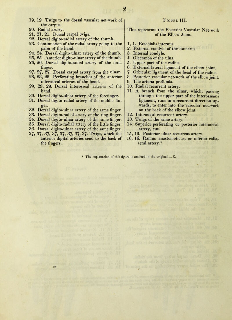 2 19. 19- Twigs to the dorsal vascular net-work of the carpus. 20. Radial artery. 21. 21, 21. Dorsal carpal twigs. 22. Dorsal digito-radial artery of the thumb. 23. Continuation of the radial artery going to the palm of the hand. 24. 24. Dorsal digito-ulnar artery of the thumb. 25. 25. Anterior digito-ulnar artery of the thumb. 26. 26. Dorsal digito-radial artery of the fore- finger. 27. 27, 27. Dorsal carpal artery from the ulnar. 28. 28, 28. Perforating branches of the anterior interosseal arteries of the hand. 29. 29, 29- Dorsal interosseal arteries of the hand. 30. Dorsal digito-ulnar artery of the forefinger. 31. Dorsal digito-radial artery of the middle fin- ger. 32. Dorsal digito-ulnar artery of the same finger. 33. Dorsal digito-radial artery of the ring finger. 34. Dorsal digito-ulnar artery of the same finger. 35. Dorsal digito-radial artery of the little finger. 36. Dorsal digito-ulnar artery of the same finger. 37. 37, 37, 37, 37, 37, 37, 37. Twigs, which the anterior digital arteries send to the back of the fingers. * The explanation of this fi Figure III. This represents the Posterior Vascular Net-work of the Elbow Joint. I, 1. Brachialis internus. 2. External condyle of the humerus. 3. Internal condyle. 4. Olecranon of the ulna. 5. Upper part of the radius. 6. External lateral ligament of the elbow joint. 7. Orbicular ligament of the head of the radius. 8. Posterior vascular net-work of the elbow joint. 9. The arteria profunda. 10. Radial recurrent artery. II. A branch from the ulnar, which, passing through the upper part of the interosseous ligament, runs in a recurrent direction up- wards, to enter into the vascular net-work on the back of the elbow joint. 12. Interosseal recurrent artery. 13. Twigs of the same artery. 14. Superior perforating or posterior interosseal artery, cut. 15. 15. Posterior ulnar recurrent artery. 16. 16. Ramus anastomoticus, or inferior colla- teral artery.* re is omitted in the original.—