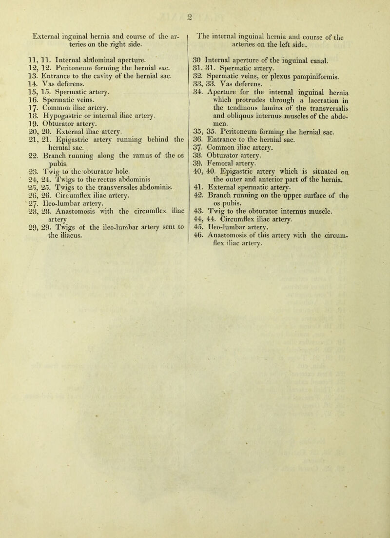 c2 External inguinal hernia and course of the ar- teries on the right side. 11, 11. Internal abdominal aperture. 12, 12. Peritoneum forming the hernial sac. 13. Entrance to the cavity of the hernial sac. 14. Yas deferens. 15, 15. Spermatic artery. 16. Spermatic veins. 17- Common iliac artery. 18, Hypogastric or internal iliac artery. 19, Obturator artery. 20, 20. External iliac artery. 21, 21. Epigastric artery running behind the hernial sac. 22, Branch running along the ramus of the os pubis. 23, Twig to the obturator hole. 24, 24. Twigs to the rectus abdominis 25, 25. Twigs to the transversales abdominis. 26, 26. Circumflex iliac artery. 27- Ileo-lumbar artery. 28, 28. Anastomosis with the circumflex iliac artery 29, 29- Twigs of the ileo-lumbar artery sent to the iliacus. The internal inguinal hernia and course of the arteries on the left side. 30 Internal aperture of the inguinal canal. 31. 31. Spermatic artery. 32. Spermatic veins, or plexus pampiniformis. 33. 33. Yas deferens. 34. Aperture for the internal inguinal hernia which protrudes through a laceration in the tendinous lamina of the transversalis and obliquus internus muscles of the abdo- men. 35. 35. Peritoneum forming the hernial sac. 36. Entrance to the hernial sac. 37. Common iliac artery. 38. Obturator artery. 39. Femoral artery. 40. 40. Epigastric artery which is situated on the outer and anterior part of the hernia. 41. External spermatic artery. 42. Branch running on the upper surface of the os pubis. 43. Twig to the obturator internus muscle. 44. 44. Circumflex iliac artery. 45. Ileo-lumbar artery. 46. Anastomosis of this artery with the circum- flex iliac artery.
