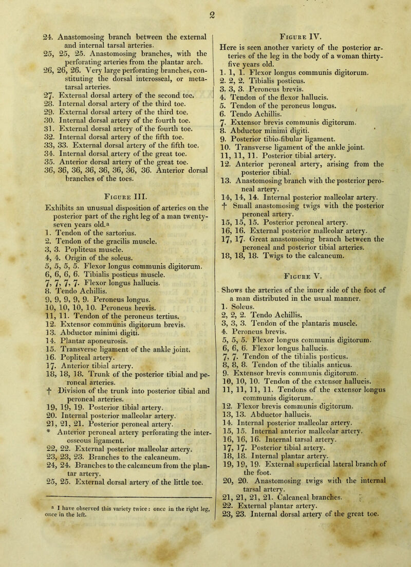 9 24. Anastomosing branch between the external and internal tarsal arteries. 25. 25, 25. Anastomosing branches, with the perforating arteries from the plantar arch. 26. 26, 26. Very large perforating branches, con- stituting the dorsal interosseal, or meta- tarsal arteries. 27. External dorsal artery of the second toe. 28. Internal dorsal artery of the third toe. 29- External dorsal artery of the third toe. 30. Internal dorsal artery of the fourth toe. 31. External dorsal artery of the fourth toe. 32. Internal dorsal artery of the fifth toe. 33. 33. External dorsal artery of the fifth toe. 34. Internal dorsal artery of the great toe. 35. Anterior dorsal artery of the great toe. 36. 36, 36, 36, 36, 36, 36, 36. Anterior dorsal branches of the toes. Figure III. Exhibits an unusual disposition of arteries on the posterior part of the right leg of a man twenty- seven years old. a 1, Tendon of the sartorius. 2, Tendon of the gracilis muscle. 3, 3. Popliteus muscle. 4, 4. Origin of the soleus. 5, 5, 5, 5. Flexor longus communis digitorum. 6, 6, 6, 6. Tibialis posticus muscle. 7, 7, 7, 7* Flexor longus hallucis. 8, Tendo Achillis. 9, 9, 9, 9, 9- Peroneus longus. 10, 10, 10, 10. Peroneus brevis. 11, 11. Tendon of the peroneus tertius. 12, Extensor communis digitorum brevis. 13, Abductor minimi digiti. 14, Plantar aponeurosis. 15, Transverse ligament of the ankle joint. 16, Popliteal artery. 17, Anterior tibial artery. 18, 18, 18. Trunk of the posterior tibial and pe- roneal arteries. -j- Division of the trunk into posterior tibial and peroneal arteries. 19, 19, 19- Posterior tibial artery. 20, Internal posterior malleolar artery. 21, 21, 21. Posterior peroneal artery. * Anterior peroneal artery perforating the inter- osseous ligament. 22, 22. External posterior malleolar artery. 23, 23, 23. Branches to the calcaneum. 24, 24. Branches to the calcaneum from the plan- tar artery. 25, 25. External dorsal artery of the little toe. a I have observed this variety twice : once in the right leg, once in the left. Figure IV. Here is seen another variety of the posterior ar- teries of the leg in the body of a woman thirty- five years old. 1. 1, 1. Flexor longus communis digitorum. 2. 2, 2. Tibialis posticus. 3. 3, 3. Peroneus brevis. 4. Tendon of the flexor hallucis. 5. Tendon of the peroneus longus. 6. Tendo Achillis. 7- Extensor brevis communis digitorum. 8. Abductor minimi digiti. 9- Posterior tibio-fibular ligament. 10, Transverse ligament of the ankle joint. 11, 11, 11. Posterior tibial artery. 12, Anterior peroneal artery, arising from the posterior tibial. 13, Anastomosing branch with the posterior pero- neal artery. 14, 14, 14. Internal posterior malleolar artery. -|- Small anastomosing twigs with the posterior peroneal artery. 15, 15, 15. Posterior peroneal artery. 16, 16. External posterior malleolar artery. 17,17- Great anastomosing branch between the peroneal and posterior tibial arteries. 18, 18, 18. Twigs to the calcaneum. Figure V. Shows the arteries of the inner side of the foot of a man distributed in the usual manner. 1, Soleus. 2, 2, 2. Tendo Achillis. 3, 3, 3. Tendon of the plantaris muscle. 4, Peroneus brevis. 5, 5, 5. Flexor longus communis digitorum. 6, 6, 6. Flexor longus hallucis. 7, 7* Tendon of the tibialis posticus. 8, 8, 8. Tendon of the tibialis anticus. 9- Extensor brevis communis digitorum. 10, 10, 10. Tendon of the extensor hallucis. 11, 11, II, 11. Tendons of the extensor longus communis digitorum. 12, Flexor brevis communis digitorum. 13, 13. Abductor hallucis. 14, Internal posterior malleolar artery. 15, 15. Internal anterior malleolar artery. 16, 16, 16. Internal tarsal artery. 17,17- Posterior tibial artery. 18, 18. Internal plantar artery. 19, 19, 19. External superficial lateral branch of the foot. 20, 20. Anastomosing twigs with the internal tarsal artery. 21, 21, 21, 21. Calcaneal branches. 22, External plantar artery. 23, 23. Internal dorsal artery of the great toe.