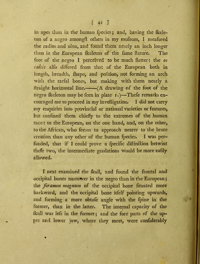 in apes than in the human fpecies; and, having the fkele- ton of a negro amongfl: others in my mufeum, 1 meafured the radius and ulna, and found them nearly an inch longer than in the European fkeleton of the fame ftature. The foot of the negro I perceived to be much flatter : the os calcis alfo differed from that of the European both in length, breadth, fliape, and pofition, not forming an arch with the tarfal bones, but making with them nearly a ffraight horizontal line. (A drawing of the foot of the negro fkeleton may be feen in plate i.)—Thefe remarks en- couraged me to proceed in my invefligation. I did not carry my enquiries into provincial or national varieties or features, but confined them chiefly to the extremes of the human race: to the European, on the one hand, and, on the other, to the African, who feems to approach nearer to the brute creation than any other of the . human fpecies. I was per- fuaded, that if I could prove a fpecific diftin£tion betwixt thefe two, the intermediate gradations would be more eafily allowed. I next examined the -fkull, and found the frontal and occipital bones narrower in the negro than in the European; the foramen magnum of the occipital bone fituated more backward, and the occipital bone itfelf pointing upwards, and forming a more obtufe angle with the fpine in the former, than in the latter. The internal capacity of the fkull was lefs in the former; and the fore parts of the up- per and lower jaw, where. they meet, were confiderably *