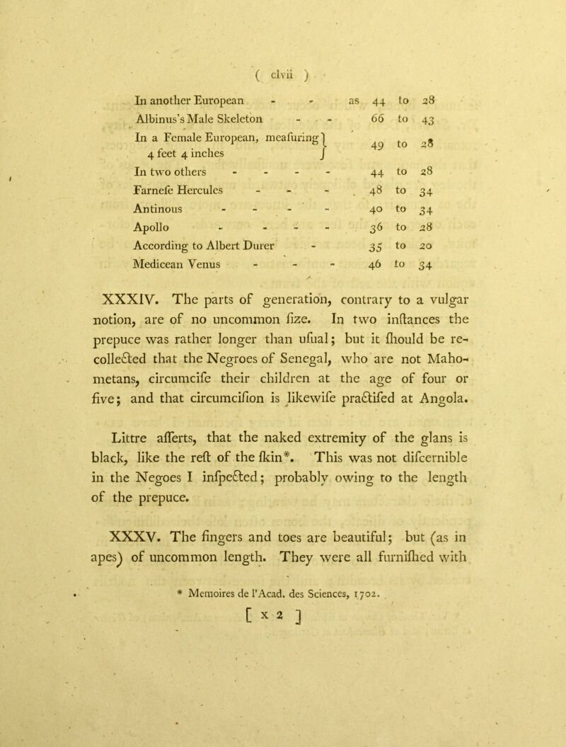 In another European as 44 to 28 Albinus’sMale Skeleton 66 to 43 In a Female European, rneafuring] 49 to 2$ 4 feet 4 inches J In two others - 44 to 28 Farnefe Hercules - . 48 to 34 Antinous - 40 to 34 Apollo - - 36 to 58 According to Albert Duier 35 to 20 Medicean Venus - - S- 46 to 54 XXXIV. The parts of generation, contrary to a vulgar notion, are of no uncommon fize. In two inftances the prepuce was rather longer than ufual; but it fhould be re- collected that the Negroes of Senegal, who are not Maho- metans, circumcife their children at the age of four or five; and that circumcifion is likewife pra£tifed at Angola. Littre afterts, that the naked extremity of the glans is black, like the reft of the fkin#. This was not difcernible in the Negoes I infpe£led; probably owing to the length of the prepuce. XXXV. The fingers and toes are beautiful; but (as in apes^ of uncommon length. They were all furnifhed with * Memoires de l’Acad. des Sciences, 1702. [ X 2 ]