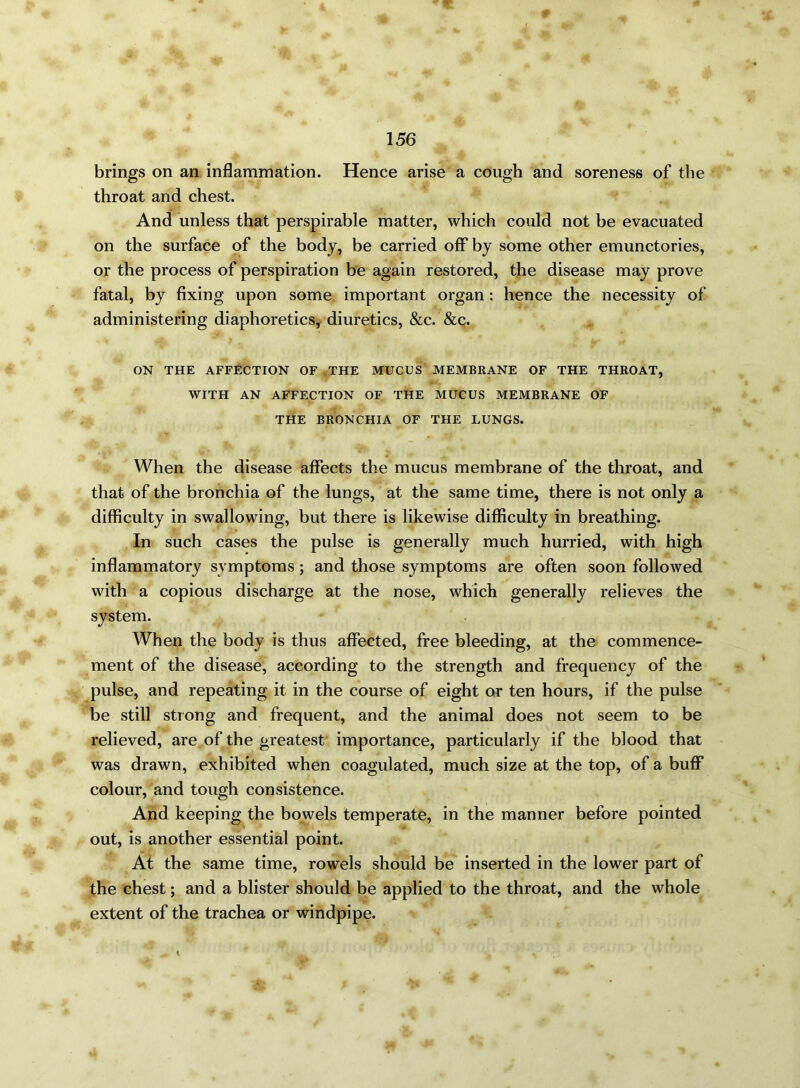 brings on an inflammation. Hence arise a cough and soreness of the throat and chest. And unless that perspirable matter, which could not be evacuated on the surface of the body, be carried off by some other emunctories, or the process of perspiration be again restored, the disease may prove fatal, by fixing upon some important organ: hence the necessity of administering diaphoretics, diuretics, &c. &c. ON THE AFFECTION OF THE MUCUS MEMBRANE OF THE THROAT, WITH AN AFFECTION OF THE MUCUS MEMBRANE OF THE BRONCHIA OF THE LUNGS. When the disease affects the mucus membrane of the throat, and that of the bronchia of the lungs, at the same time, there is not only a difficulty in swallowing, but there is likewise difficulty in breathing. In such cases the pulse is generally much hurried, with high inflammatory symptoms ; and those symptoms are often soon followed with a copious discharge at the nose, which generally relieves the system. When the body is thus affected, free bleeding, at the commence- ment of the disease, according to the strength and frequency of the pulse, and repeating it in the course of eight or ten hours, if the pulse be still strong and frequent, and the animal does not seem to be relieved, are of the greatest importance, particularly if the blood that was drawn, exhibited when coagulated, much size at the top, of a buff colour, and tough consistence. And keeping the bowels temperate, in the manner before pointed out, is another essential point. At the same time, rowels should be inserted in the lower part of the chest; and a blister should be applied to the throat, and the whole extent of the trachea or windpipe.