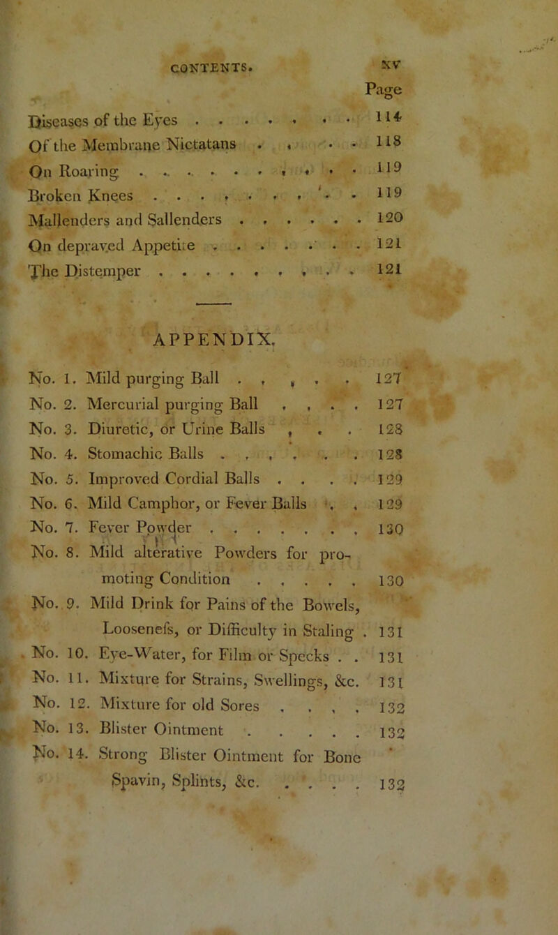 Page Diseases of the Eyes 11 * Qf the Membrane Nictatans . , . . 118 On Roaring Broken Knees * U9 Maljenders and Sallendcrs ...... 120 On deprav.ed Appetite .121 Xhe Distemper 121 APPENDIX. No. 1. Mild purging Ball , , No. 2. Mercurial purging Ball .... No. 3. Diuretic, or Urine Balls , No. 4. Stomachic Balls .... No. 5. Improved Cordial Balls .... No. 6. Mild Camphor, or Fever Balls No. 7. Fever Powder , V y T No. 8. Mild alterative Powders for pro- moting Condition No. 9. Mild Drink for Pains of the Bowels, Loosenefs, or Difficulty in Staling No. 10. Eye-Water, for Film or Specks . . No. 11. Mixture for Strains, Swellings, &c. No. 12. Mixture for old Sores . . , . No. 13. Blister Ointment No. 14. Strong Blister Ointment for Bone Spavin, Splints, &c. .... 127* 127 128 128 129 129 130 130 131 131 131 132 132 132 *