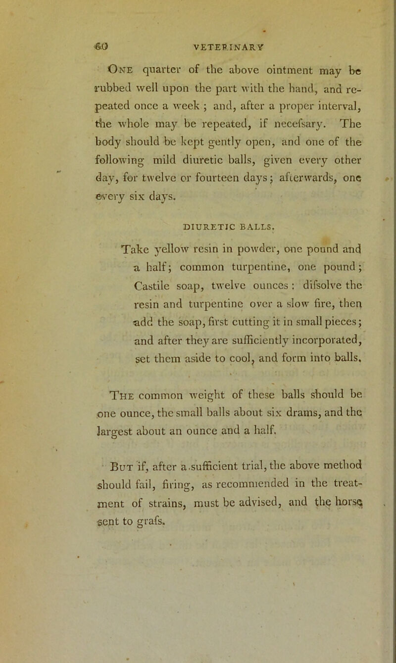 One quarter of the above ointment may be rubbed well upon the part with the hand, ana re- peated once a week ; and, after a proper interval, tire whole may be repeated, if necefsary. The body should be kept gently open, and one of the following mild diuretic balls, given every other day, for twelve or fourteen days; afterwards, one every six days. DIURETIC BALLS. Take yellow resin in powder, one pound and a half; common turpentine, one pound; Castile soap, twelve ounces : difsolve the resin and turpentine over a slow fire, then add the soap, first cutting it in small pieces; and after they are sufficiently incorporated, set them aside to cool, and form into balls. The common weight of these balls should be one ounce, the small balls about six drams, and the largest about an ounce and a half. But if, after a.sufficient trial, the above method should fail, firing, as recommended in the treat- ment of strains, must be advised, and the horse sent to grafs.