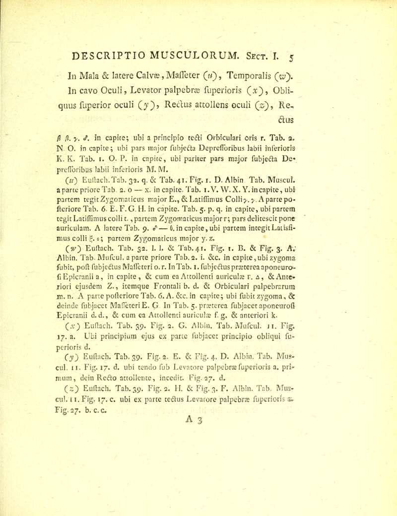 In Mala & latere Calves, Malle ter (V), Temporalis (V). In cavo Oculi, Levator palpebra fuperioris (.x}, Obli- quus fuperior oculi (y'), Rectus attollens oculi (V), Re^ dus /1 fi. y. <P. in capite; ubi a principio tetfti Orbiculari oris r. Tab. 2« N O. in capite; ubi pars major fubjefta DeprefToribus labii inferioris K. K. Tab. 1. O. P. in capite, ubi pariter pars major fubje&a De« prefloribus labii inferioris M. M. (r/) Euftach.Tab. 32. q. & Tab. 41. Fig. 1. D. Albin Tab. Muscul. a parte priore Tab. 2. o — x. in capite. Tab. 1. V. W. X. Y. in capite, ubi partem tegit Zygomaticus major E., & Latiffimus Colli >. y. A parte po- fteriore Tab. 6. E. F. G. H. in capite. Tab. 5. p. q. in capite, ubi partem tegit Latiffimus colli t., partem Zygomaticus major r; pars delitescit pone auriculam. A latere Tab. 9. <P—6. in capite, ubi partem integitLatisfi- mus colli £. 0; partem Zygomaticus major y. z. Euftach. Tab. 32. 1. 1. & Tab. 41. Fig. 1. B. & Fig. 3. A.' Albin. Tab. Mufcul. a parte priore Tab. 2. i. &c. in capite,ubi zvgoma fubit, poft fubje&us Malle teri o.r. In Tab. 1. fuhjedus praeterea aponeuro- fi Epicranii a, in capite , & cum ea Attollenti auriculae r. a, & Ante* riori ejusdem Z., itemque Frontali b. d. & Orbiculari palpebrarum m. n. A parte pofteriore Tab. 6. A. &c. in capite; ubi fubit zygoma, & deinde fubjacet MaffieteriE. G In Tab. 5. praeterea fubjacet aponeuroft Epicranii d. d., & cum ea Attollenti auriculae f. g. & anteriori k. (x) Euftach. Tab. 39. Fig. 2. G. Albin. Tab. Mufcul. ji. Fig. 1 7. a. Ubi principium ejus ex parte fubjacet principio obliqui fu- perioris d. (yfi) Euftach. Tab. 39. Fig. 2. E. & Fig. 4, D. Albin. Tab. Mus- cul. 11. Fig. 17. d. ubi tendo fub Levatore palpebrae fuperioris a. pri* Hium, dein Refto attollente, incedit. Fig. 27. d. (z) Euftach. Tab. 39. Fig. 2. II. & Fig. 3. F. Albin. Tab, Mus- cul. 11. Fig. 17. c. ubi ex parte te&us Levatore palpebrae fuperioris av Fig. 27. b. c. c.