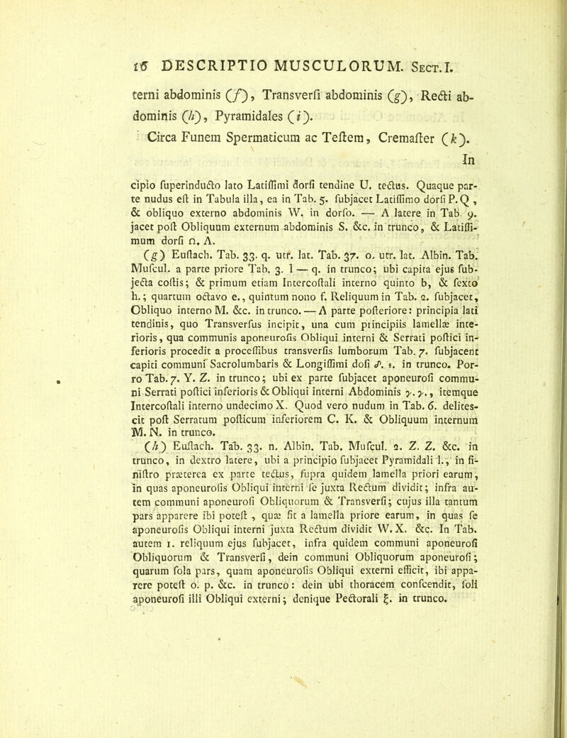 terni abdominis (/), Transverfi abdominis (g), Redi ab- dominis (//), Pyramidales (j). Circa Funem Spermaticum ac Tedem, Cremafter In cipio fuperinduflo lato Latiffimi dorfi tendine U. tedlus. Quaque par- te nudus eft in Tabula illa, ea in Tab. 5. fubjacet Latiffimo dorfi P.Q , & obliquo externo abdominis W, in dorfo. — A latere in Tab 9. jacet poli Obliquum externum abdominis S. &c. in trunco, & Latiffi- mum dorfi n. A. (g) Eufiach. Tab. 33. q. utr. lat. Tab. 37. 0. ucr. Iat. Albin. Tab. Mufcul. a parte priore Tab. 3. 1 — q. in trunco; ubi capita ejus fub- jedla collis; & primum etiam Intercodali interno quinto b, & fexto h.; quartum o&avo e., quintum nono f. Reliquum in Tab. 2. fubjacet. Obliquo interno M. &c. in trunco. — A parte pofieriore: principia lati tendinis, quo Transverfus incipit, una cum principiis lamellas inte- rioris , qua communis aponeurofis Obliqui interni & Serrati podici in- ferioris procedit a procelfibus transverfis lumborum Tab. 7. fubjacenc capiti communi Sacrolumbaris & Longiffimi dofi <P. e. in trunco. Por- ro Tab.7. Y. Z. in trunco; ubi ex parte fubjacet aponeurofi commu- ni Serrati pollici inferioris & Obliqui interni Abdominis y. y., itemque Intercollali interno undecimo X. Quod vero nudum in Tab. 6. delites- cit poli Serratum pollicum inferiorem C. K. & Obliquum internum 3VI. N. in trunco. (/?) Euilach. Tab. 33. n. Albin. Tab. Mufcul. 2. Z, Z. &c. in trunco, in dextro latere, ubi a principio fubjacet Pyramidali 1., in fi- riillro prasterea ex parte tedlus, fupra quidem lamella priori earum, in quas aponeurofis Obliqui interni fe juxta Rettum dividit; infra au- tem communi aponeurofi Obliquorum & Transverfi; cujus illa tantum pars apparere ibi poteli , quas fit a lamella priore earum, in quas fe aponeurofis Obliqui interni juxta Reftum dividit W. X. &c. In Tab. autem 1. reliquum ejus fubjacet, infra quidem communi aponeurofi Obliquorum & Transverfi, dein communi Obliquorum aponeurofi; quarum fola pars, quam aponeurofis Obliqui externi efficit, ibi appa- rere poteli o. p. &c. in trunco: dein ubi thoracem confcendit, foli aponeurofi illi Obliqui externi; denique Perorali £. in trunco.