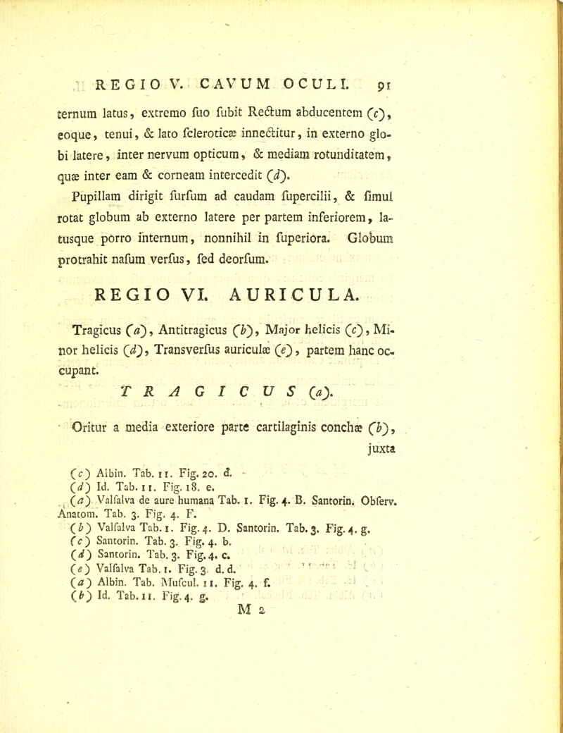 ternum latus, extremo fuo fubit Redtum abducentem (c), eoque, tenui, & lato fcleroticas innedlitur, in externo glo- bi latere, inter nervum opticum, & mediam rotunditatem, qute inter eam & corneam intercedit Qdy Pupillam dirigit furfum ad caudam fupercilii, & fimul rotat globum ab externo latere per partem inferiorem, la- tusque porro internum, nonnihil in fuperiora. Globum protrahit nafum verfus, fed deorfum. REGIO VI AURICULA. Tragicus (V), Antitragicus (&), Major helicis (V), Mi- nor helicis (d\), Transverfus auricula? (e), partem hanc oc- cupant. TRAGICUS (» * , - • ' Oritur a media exteriore parte cartilaginis concha? juxta (c) Albin. Tab. ii. Fig. 20. d. - (</) Id. Tab. 11. Fig. 18. e. (a) Valfalva de aure humana Tab. 1. Fig. 4. B. Santorin. Obferv. Anatoni. Tab. 3. Fig. 4. F. (£) Valfalva Tab. 1. Fig.4. D. Santorin. Tab.3. Fig. ^.g, f c) Santorin. Tab. 3. Fig. 4. b. (d) Santorin. Tab. 3. Fig.4. c. ( e) Valfalva Tab. 1. Fig. 3. d. d. (#) Albin. Tab. MufcuL 11. Fig. 4. f. (£) Id. Tab. 11. Fig.4, g.