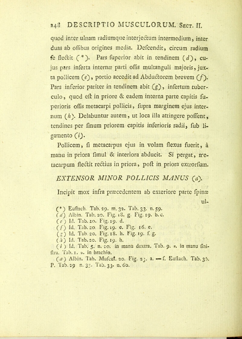 quod inter ulnam radiumque interjectum intermedium, inter duas ab offibus origines media. Defcendit, circum radium fe fledtit C*). Pars fuperior abit in tendinem (J), cu- jus pars inferta internee parti offis multanguli majoris, jux- ta pollicem (V), portio accedit ad Abductorem brevem (jf). Pars inferior pariter in tendinem abit (jg), infertum tuber- culo, quod elt in priore & eadem interna parte capitis fu- perioris offis metacarpi pollicis, fupra marginem ejus inter- num (/z). Delabuntur autem, ut loca illa attingere poffent, tendines per finum priorem capitis inferioris radii, fub li- gamento (i). Pollicem, fi metacarpus ejus in volam flexus fuerit, a manu in priora fimul & interiora abducit. Si pergat, me- tacarpum flectit redtius in priora, poft in priora extrorfum. EXTENSOR MINOR POLLICIS MANUS (ay Incipit mox infra praecedentem ab exteriore parte fpince ui- (*) Euftach. Tab. 29. rn. 32. Tab. 33. n.59. (d) Albin. Tab. 20. Fig. i 8. g. Fig. 19. b. c. (V) Id. Tab. 20. Fig. 19. d. (f) Id. Tab. 20. Fig. 19. e. Fig. 16. e. (g) Id. Tab. 20. Fig. 18. h. Fig. 19. f. g. (/2) Id. Tab.20. Fig. 19. h. (i ) Id. Tab. 5. n. 20. in manu dextra. Tab. 9. ». in manu fini- Ilra. Tab. 1. «. in brachio. (22) Albin. Tab. MufcuT. qo. Fig. sj. a. — f. Euftach. Tab. 35.