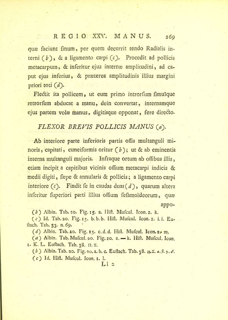 quae faciunt finum, per quem decurrit tendo Radialis in- terni (£), & a ligamento carpi (V). Procedit ad pollicis metacarpum, & inferkur ejus internae amplitudini, ad ca- put ejus inferius, & praeterea amplitudinis illius margini priori toti (ff). Fledit ita pollicem, ut eum primo introrfum fimulque retrorfum abducat a manu, dein convertat, internamque ejus partem volae manus, digitisque opponat, fere directo. FLEXOR BREVIS POLLICIS MANUS (» Ab interiore parte inferioris partis offis multanguli mi- noris , capitati, cuneiformis oritur Q b ); ut & ab eminentia interna multanguli majoris. Infraque ortum ab offibus illis, etiam incipit a capitibus vicinis offium metacarpi indicis & medii digiti, faepe & annularis & pollicis; a ligamento carpi interiore (V). Findit fe in caudas duas(d~), quarum altera inferitur fuperiori parti illius offium fefamoideorum, quae appo- (£) Albin. Tab. ao. Fig. 15. a. Ilift. Mufcul. Icon. 2. k. (c) Id. Tab.20. Fig. 15. b.b.b. Hift. Mufcul. Icon. 2. i. i. Eu- ftach. Tab. 33. n. 69. (i) Albin. Tab. 20. Fig. 15. c.d. d. Hift. Mufcul. Icon.2.» m. (<z) Albin. Tab.Mufcul. 20. Fig. 20. a. — k. Hift. Mufcul. Icon, i. K. L. Euftach. Tab. 38. n. s. (£) Albin. Tab. 20. Fig. 20. a. b. c. Euitach. Tab. 38. n.2. a.fi. y. A (c') Id. Hift. Mufcul. Icon. 1. 1. Li 2