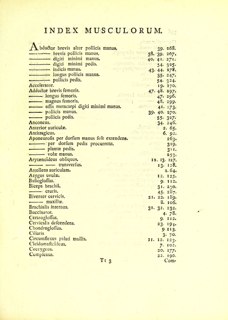 INDEX MUSCULORUM, ^\.bduftor brevis alter pollicis manus. 39. 268. — brevis pollicis manus. 38. 39. 2A7. digiti minimi manus. 40. 41. 271. t digiti minimi pedis. 54- 325* indicis manus. 43. 44. 278. longus pollicis manus. 35- 247- . pollicis pedis. 54. 324. Accelerator. 19. 170. Adduftof brevis femoris. 47* 48. 297* i longus femoris. 47. 296. — magnus femoris. i 48. 299. — olfis metacarpi digiti minimi manus. 41. 273. — pollicis manus. 39. 40. 270. » ■ ■■ - pollicis pedis. 55- SV- Anconeus. 34. 246. Anterior auriculae. 2. 65. Antitragicus. 6. 92. Aponeurofis per dorfum manus fefe extendens. 263. • per dorfum pedis procurrens. 3*9« . plantae pedis. 3- *• — volte manus. 253. Aryttenoideus obliquus. 12. 13. 127. ■— transverfus. 13. 128. Attollens auriculam. 2.64. Azygus uvulae. 12. I2J. Baflogloflus. 9- I I 2. Biceps brachii. 31. 2-0. ■ cruris. 45. 2li7. Biventer cervicis. 21. 22. 189. • maxillae. 8. 106. Brachialis internus. 31. 32. 232. Buccinator. 4. 78. Ceratoglolfus. 9- Ii 2. Cervicalis defcendens. 2 3- 194. Chondroglolfus. 9 113. Ciliaris 3- 70. Circumflexus palati mollis. II. 12. 127. Cleidomaftcideus. 7. 102. Coccygeus. 20. 177. Complexus. 22. 19O0