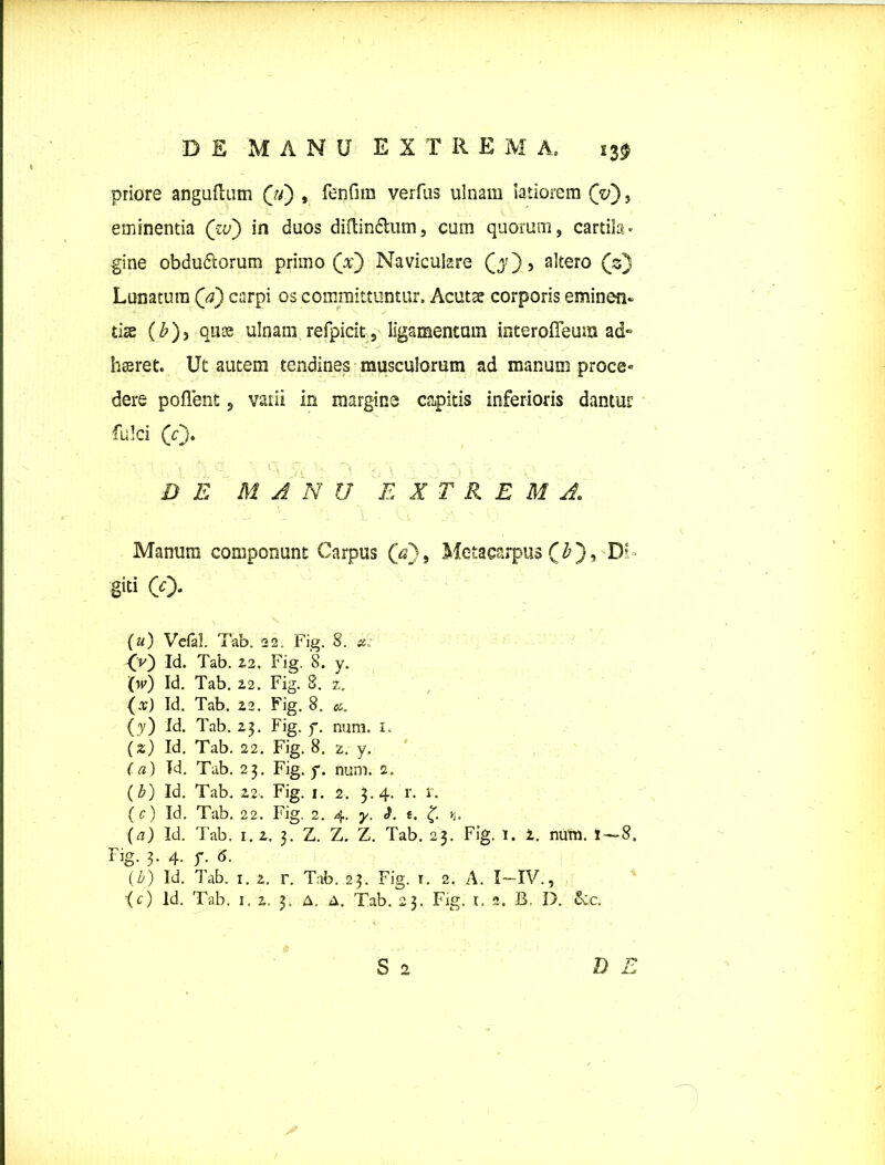 DE MANU EXTREMA, i3$ priore angultum (u) , fenfim verfus ulnam latiorem (V), eminentia (zv) in duos diftin&um, cum quorum, cartila* gine obdudlorum primo (a;) Naviculare 00 5 a^sro (3) Lunatura (a) carpi os committuntur. Acutae corporis eminen- tiae (b), quas ulnam refpicit, ligamentum interoffeum ad» hseret. Ut autem tendines musculorum ad manum proce» dere pollent, vatii In margine capitis inferioris dantur fulci (0* DE MANU E X T R E M A\ Manum componunt Carpus (a)9 Metacarpus (b), DC giti (0* (u) Vcfal. Tab. 22. Fig. S. x: -('O Id. Tab. 2.2. Fig. 8. y. (w) Id. Tab. 22. Fig. 8. z. (x) Id. Tab. 22. Fig. 8. x. (y) Id. Tab. 23. Fig. y. num. 1. (z) Id. Tab. 22. Fig. 8. 2, y. (a) Id. Tab. 23. Fig. y. num. 2. (Z>) Id. Tab. 22. Fig. 1. 2. 3.4. r. r. (c) Id. Tab. 22. Fig. 2. 4. y. 2. t. <f. 11. (a) Id. Tab. 1.2. 3. Z. Z. Z. Tab. 23. Fig. I. 2. nutri. 1—8. Fig. 3. 4. y. 6. (b) Id. Tab. 1. 2. r. Tab. 23. Fig. t. 2. A. I-IV., {c) ld. Tab. 1. 2. 3. a. A. Tab. 23. Fig. t. 2. B. D. &c.