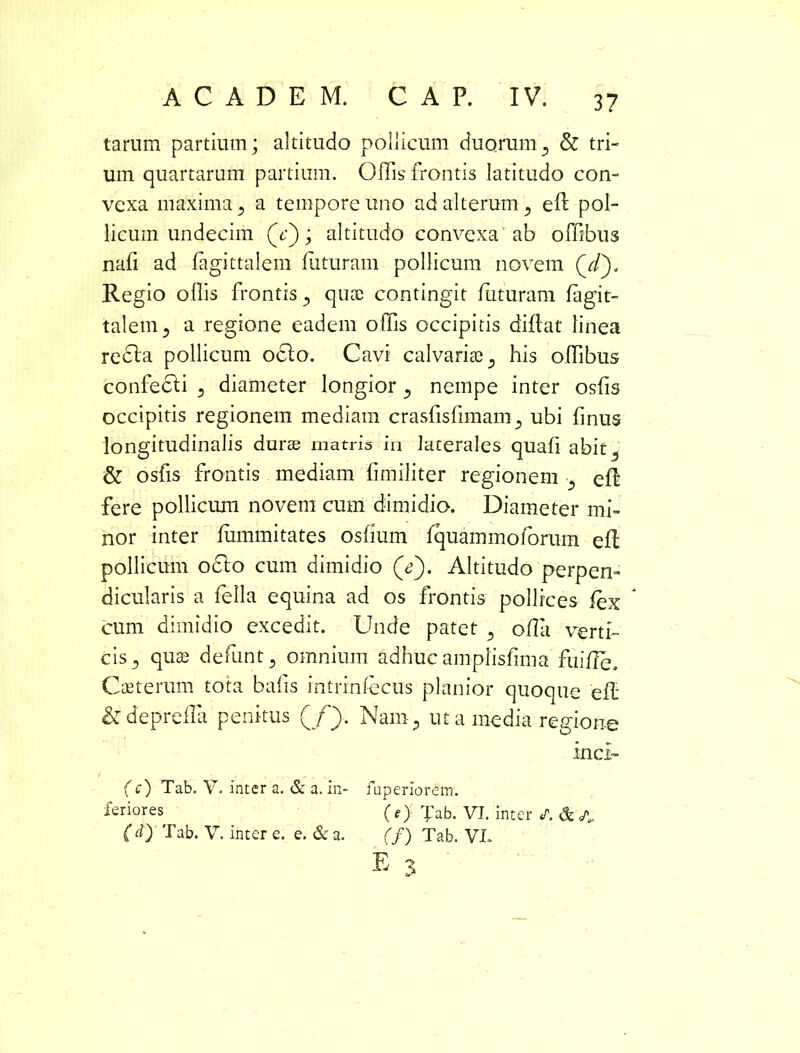 tarum partium; altitudo pollicum duorum5 & tri- um quartarum partium. Offis frontis latitudo con- vexa maxima s a tempore uno ad alterum 5 efl pol- licum undecim (V); altitudo convexa ab offibus nafi ad fagittalem futuram pollicum novem Qd'), Regio offis frontis „ quae contingit futuram fagit- talem s a regione eadem offis occipitis diflat linea redta pollicum ocio. Cavi calvariae „ his offibus confecli 5 diameter longior 3 nempe inter osfis occipitis regionem mediam crasfisfimamubi finus longitudinalis durae matris in laterales quafi abit5 & osfis frontis mediam fimiliter regionem efl fere pollicum novem cum dimidio. Diameter mi- nor inter fummitates osfium fquammofbrum efl pollicum odio cum dimidio (V). Altitudo perpen- dicularis a fella equina ad os frontis pollices fex  cum dimidio excedit. Unde patet 5 ofla verti- cis 5 quae defiint 5 omnium adhuc amplisfima fuifle. Caeterum tota bafis intrinfecus planior quoque efl Sz deprefia penitus (/). Nam, ut a media regione inci- (c) Tab. V. inter a. & a. in- fuperiorein. ieriores (d) Tab. V. inter e. e. & a. (e) Xab. VI. inter <T. & (f) Tab. VL