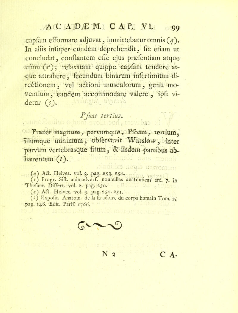capiam efFormare adjuvat 5 immittebatur omnis In aiiis infuper eundem deprehendit 5 fic etiam ut ■concludat 5 conflantem effe ejus prteientiam atque ufimi (V); relaxatam: quippe capfam tendere at- que attrahere/ fecundum binarum infertionum di- rectionem 5 vel actioni musculorum 5 genu mo- ventium 5 eandem accommodare valere 3 ipfi vi- detur (s\ . ':i Pfoas tertius. Prseter magnum P parvumqii&9 Pfhsm 3 tertium illumque minimum oblervavit Winslow^ inter parvum vertebrasque fitum ^ & iisdem partibus ab- ii serentem Q'). (q) A£L Helvfet. voi 3. pag. 253. 254. (r) Progr. Sift. animadverf. nonnullas anatomicas art. 7. In Thefaur. Differt, vol. 2. pag. 250. ($) A61. Helvet. voi. 3. pag.-250. 251. (f) Expofit. Anatoni, de ia ftruflure du corps humain Tom. 2* pag. 146. Edit. Parif. i~66.