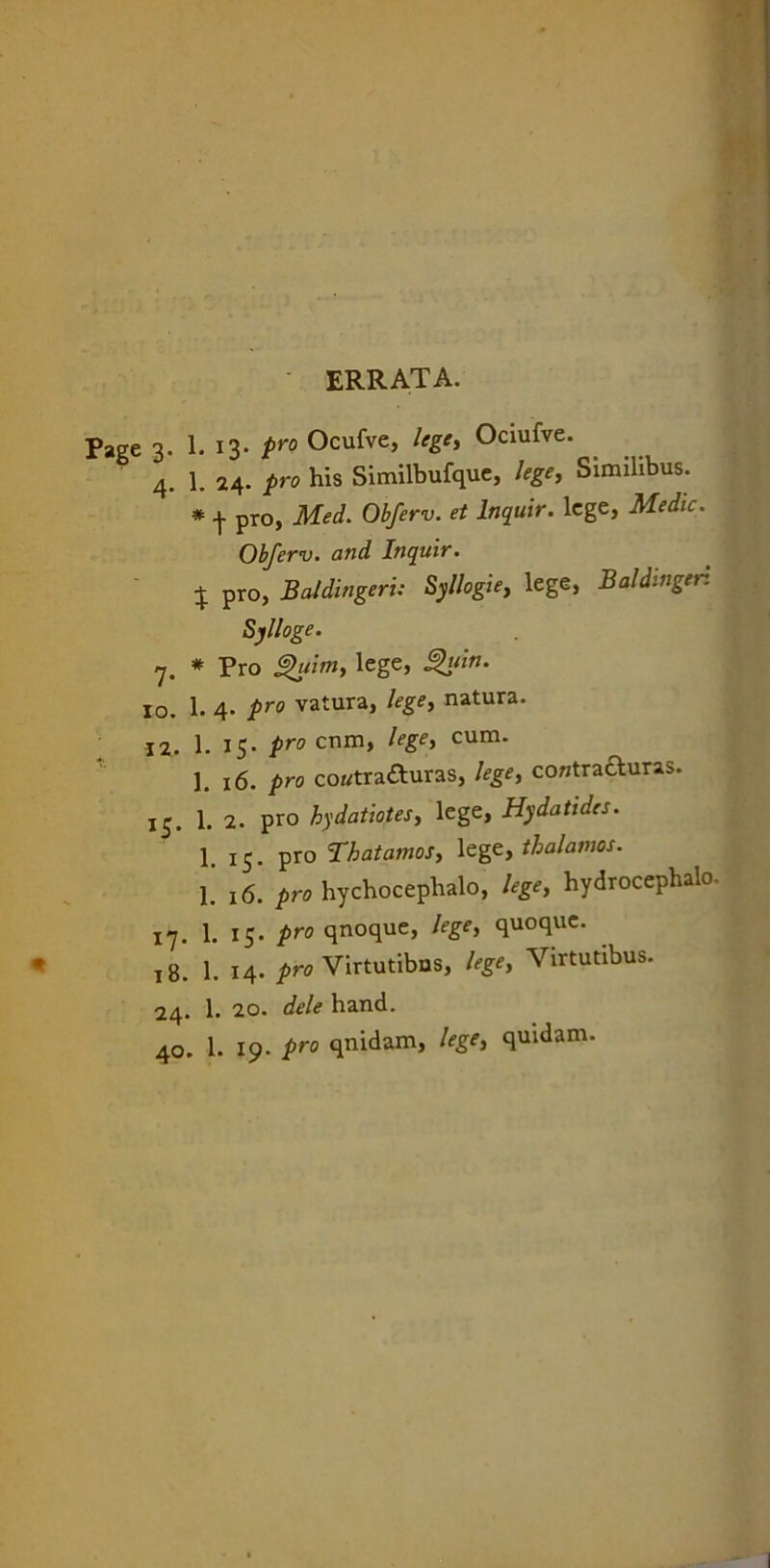 errata. page 3. 1. 13. pro Ocufve, lege, Ociufve. 4. 1. 24. pro his Similbufque, lege, Similibus. * -j- pro, Med. Obferv. et lnquir. lege, Medie. Obferv. and lnquir. $ pro, Baldingeri: Syllogie, lege, Baldinger. Sylloge. 7. * Pro %uim, lege, Quin. 10. 1. 4- pro vatura, lege, natura. 12. 1. 15- pro cnm, lege, cum. 1. x6. pro cowtra&uras, lege, contrafturas. 15. 1. 2. pro hydatiotes, lege, Hydatides. 1. 15. pro Thatamos, legt, thalamos. 1. 16. pro hychocephalo, lege, hydrocephalo. 17- 1. 15* Pr0 qnoque, lege, quoque. l8’ 1. I4. pro Virtutibus, lege, Virtutibus. 24. 1. 20. dele hand. 40. 1. 19. pro qnidam, lege, quidam.