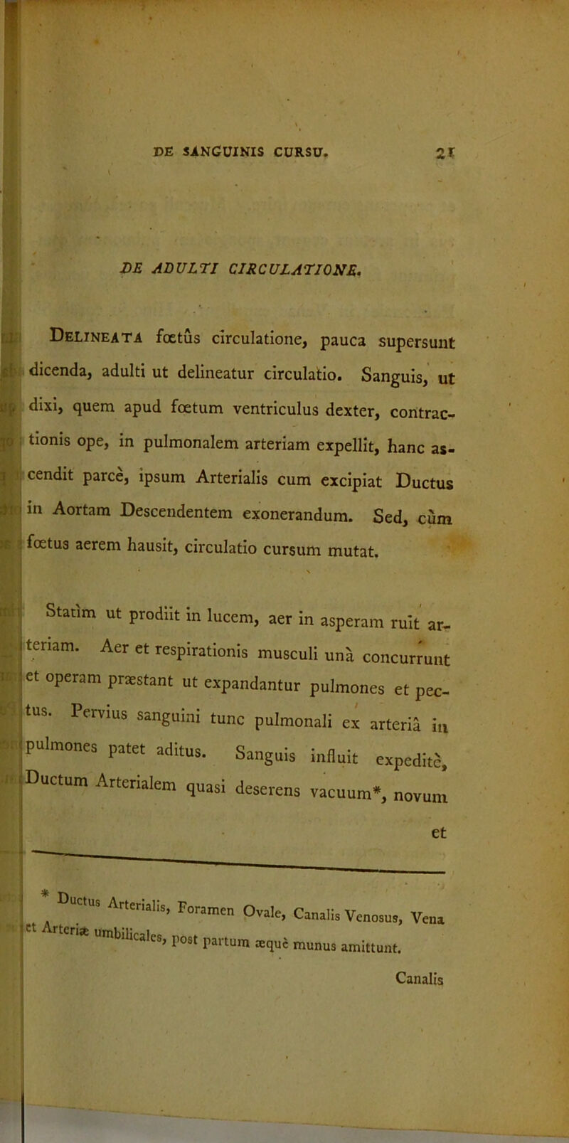 DE ADULTI CIRCULATIONE. Delinea ta foetus circulatione, pauca supersunt dicenda, adulti ut delineatur circulatio. Sanguis, ut «(. dixi, quem apud foetum ventriculus dexter, contrac- tionis ope, in pulmonalem arteriam expellit, hanc as- cendit parce, ipsum Arterialis cum excipiat Ductus i in Aortam Descendentem exonerandum. Sed, cum foetus aerem hausit, circulatio cursum mutat. ir. Staum ut prodiit in lucem, aer in asperam ruit ar- teriam. Aer et respirationis musculi una concurrunt et operam praestant ut expandantur pulmones et pec- tUS' Pcrvius sanS™ tunc pulmonali er arteria in : pulmones patet aditus. Sanguis influit Ductum Arterialem quasi deserens vacuum*, novum et ] Ductus Arterialis, Foramen Ovale, Canalis Venosus, Vena rten* umbilicales, post partum aique munus amittunt. Canalis