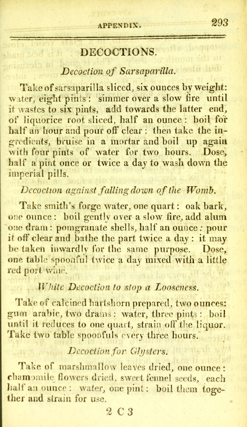 DECOCTIONS. Decoction of Sarsaparilla. Take of sarsaparilla sliced, six ounces by weight: water, eight pints : simmer oyer a slow fire until it wastes to six pints, add towards the latter end, of liquorice root sliced, half an ounce : boil for half an hour and pour off clear : then take the in- gredients, bruise in a mortar and boil up again with four pints of water for two hours. Dose, half a pint once or twice a day to wash down the imperial pills. Decoction against falling down of the Womb. Take smith’s forge water, one quart: oak bark, one ounce : boil gently over a slow fire, add alum one dram : pomgranate shells, half an ounce: pour it off clear and bathe the part twice a day : it may be taken inwardly for the same purpose. Dose, one table spoonful twice a day mixed with a little red port wine. White Decoction to stop a Looseness. Take of calcined hartshorn prepared, two ounces: gum arabic, two drams : water, three pints: boil until it reduces to one quart, strain off the liquor. Take two table spoonfuls every three hours. Decoction for Ghjsters. Take of marshmallow leaves dried, one ounce: chamomile flowers dried, sweet fennel seeds, each half an ounce : water, one pint: boil them toge- ther and strain for use. 2C3