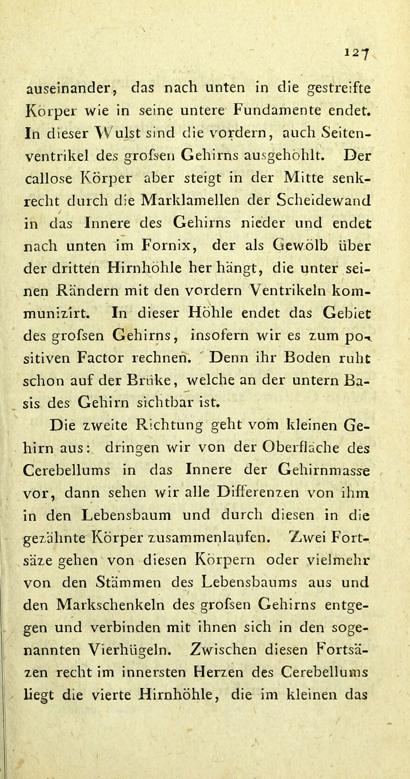 auseinander, das nach unten in die gestreifte Körper wie in seine untere Fundamente endet. In dieser Wulst sind die vordem, auch Seiten- ventrikel des grofsen Gehirns ausgehöhlt. Der callose Körper aber steigt in der Mitte senk- recht durch die Marklamellen der Scheidewand in das Innere des Gehirns nieder und endet nach unten im Fornix, der als Gewölb über der dritten Hirnhohle her hängt, die unter sei- nen Rändern mit den vordem Ventrikeln kom- munizirt. In dieser Höhle endet das Gebiet des grofsen Gehirns, insofern wir es zum po-«. sitiven Factor rechnen. Denn ihr Boden ruht schon auf der Brüke, welche an der untern Ba- sis des Gehirn sichtbar ist. Die zweite Richtung geht vom kleinen Ge- hirn aus: dringen wir von der Oberfläche des Cerebellums in das Innere der Gehirnmasse vor, dann sehen wir alle Differenzen von ihm in den Lebensbaum und durch diesen in die gezähnte Körper zusammenlaufen. Zwei Fort^ säze gehen von diesen Körpern oder vielmehr von den Stämmen des Lebensbaums aus und den Markschenkeln des grofsen Gehirns entge- gen und verbinden mit ihnen sich in den soge- nannten Vierhügeln. Zwischen diesen Fortsä- zen recht im innersten Herzen des Cerebellums liegt die vierte Hirnhöhle, die im kleinen das