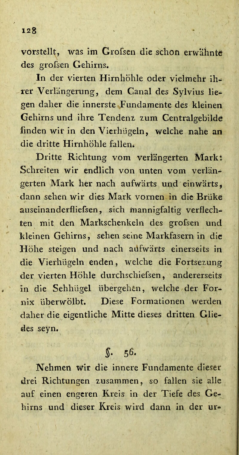 vorstellt, was im Grofsen die schon erwähnte* des grofsen Gehirns. In der vierten Hirnhöhle oder vielmehr ih- rer Verlängerung, dem Canal des Sylvius lie- gen daher die innerste Fundamente des kleinen Gehirns und ihre Tendenz zum Centralgebilde finden wir in den Vierhügeln, welche nahe an die dritte Hirnhöhle fallen* Dritte Richtung vom verlängerten Markt Schreiten wir endlich von unten vom verlän- gerten Mark her nach aufwärts und einwärts, dann sehen wir dies Mark vornen in die Brüke auseinanderfliefsen, sich mannigfaltig verflech- ten mit den Markschenkeln des grofsen und kleinen Gehirns, sehen seine Markfasern in die Höhe steigen und nach aüfwärts einerseits in die Vierhügeln enden, welche die Fortsezung der vierten Höhle durchschiefsen, andererseits in die Sehhügel übergehen, welche der For- nix überwölbt. Diese Formationen werden daher die eigentliche Mitte dieses dritten Glie- des seyn. 5^* Nehmen wir die innere Fundamente dieser drei Richtungen zusammen, so fallen sie alle auf einen engeren Kreis in der Tiefe des Ge- hirns und dieser Kreis wird dann in der ur-