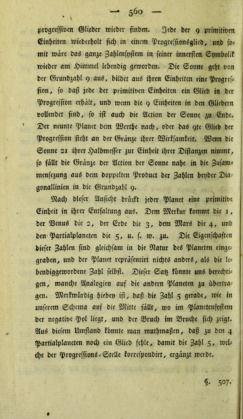 56° progrefftoen ©lieber mieber ftnben. ÜJebe bcr 9 primitiöen ©inhciten micberholt ftd; in einem ^mgrefjionSglieb, unb fo* mit märe ba6 ganje >5«hlenfpftem in feiner tnnerjlen ©pntbolif roieber am Fimmel Icbenbig geworben. Sie ©onne gebt oon ber ©runb^aht 9 au$, bilbet aus ihren ©inbeiten eine «Progref* fton, fo ba£ jebe ber primttiben ©inbeiten ein ©lieb in ber $)rpgreffton erhält, unb wenn bie 9 ©inbeiten in ben ©liebem bollenbet fittb, fo if£ auch bie Stetion ber ©onne $u ©nbe. ' ©er neunte planet bem Sßertbe nad;, ober ba$ 9te ©lieb ber ^Drogreffton fleht an ber ©ränje ihrer Üßirffamfeit. Sßenn bie ©onne 21 ihrer fpalbmeffer jur ©inheit ihrer ©ifianjen nimmt, fo fällt bie ©ränje ber Stetion ber ©onne nahe in bie 3ufam# ntenfejung auö bem hoppelten ^robuct ber fahlen bepber ©ia* / 1 gonallinien in bie ©runbjahl 9. fftaef) blefer 2lnfid;t brfieft jeber planet eine primitive ©inheit in ihrer ©ntfaltung au3. ©em 9Jlerfur fomrnt bie 1, ber 5)enu6 bie 2, ber ©rbe bie 3, bem Sölarö bie 4, unb ben’^artialplaneten bie 5, u. f. w. $u. ©ie ©igenfcfyaften tiefer fahlen ftnb gleichfam in bie fftatur beö Planeten cittge* graben, unb ber planet repräfentirt nichts anberö, als bie lc* benbiggetoorbene 3«hl felbfl. ©iefer ©a£ fbnnte uns beredjti* gen, manche Stnalogicn auf bie anbern Planeten $u Übertrag gen. SOferfwürbig hiebep ijt, bag bie 3af)I 5 gerabe, wie in unferem ©d)ema auf bie Stifte fällt, wo im spianctenfpffent ber negatioc spol liegt, unb bcr 25rud) im 23rucl)e ftd; ^cigf. SIuS biefem Umftanb fbnnte man muthmagen, baß $u ben 4 spartialplaneten nod; ein ©lieb fehle, bannt bie 3abl 5/ tuet? che ber sprogrefftonS # ©teile forrefponbirt, ergänzt werbe. 5* 507*