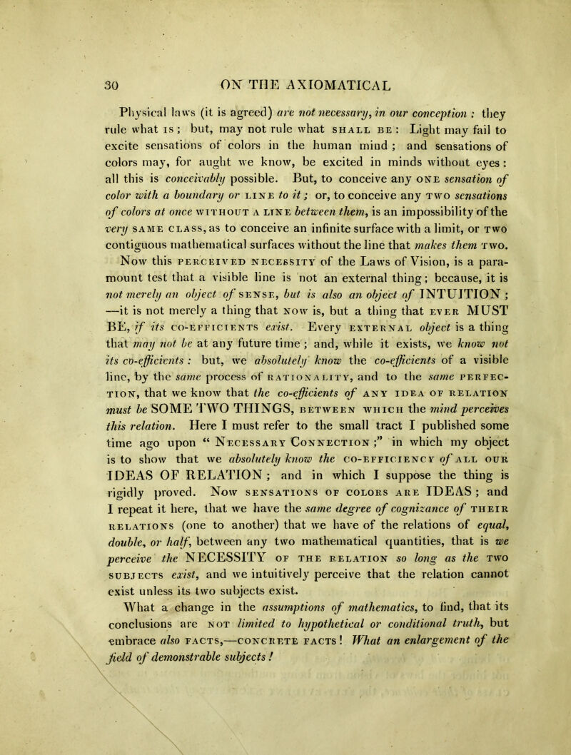 Physical laws (it is agreed) are not necessary, in our conception : they rule what is ; but, may not rule what shall be : Light may fail to excite sensations of colors in the human mind ; and sensations of colors may, for aught we know, be excited in minds without eyes : all this is conceivably possible. But, to conceive any one sensation of color with a boundary or line to it; or, to conceive any two sensations of colors at once without a line between them, is an impossibility of the very same class, as to conceive an infinite surface with a limit, or two contiguous mathematical surfaces without the line that makes them two. Now this perceived NECESSITY of the Laws of Vision, is a para- mount test that a visible line is not an external thing; because, it is not merely an object oj sense, but is also an object of INTUITION ; —it is not merely a thing that now is, but a thing that ever MUST BE, if its co-efeicients exist. Every external object is a thing that may not be at any future time ; and, while it exists, we know not its co-efficients : but, we absolutely know the co-efficients of a visible line, by the same process of rationality, and to the same perfec- tion, that we know that the co-efficients of any idea of relation must be SOME TWO THINGS, between which the mind perceives this relation. Here I must refer to the small tract I published some time ago upon “ Necessary Connection in which my object is to show that we absolutely know the co-efficiency of all our IDEAS OF RELATION ; and in which I suppose the thing is rigidly proved. Now sensations of colors are IDEAS ; and I repeat it here, that we have the same degree of cognizance of their relations (one to another) that we have of the relations of equal, double, or half, between any two mathematical quantities, that is we perceive the NECESSITY of the relation so long as the two subjects exist, and we intuitively perceive that the relation cannot exist unless its two subjects exist. What a change in the assumptions of mathematics, to find, that its conclusions are not limited to hypothetical or conditional truth, but embrace also facts,—concrete facts! What an enlargement of the feld of demonstrable subjects !