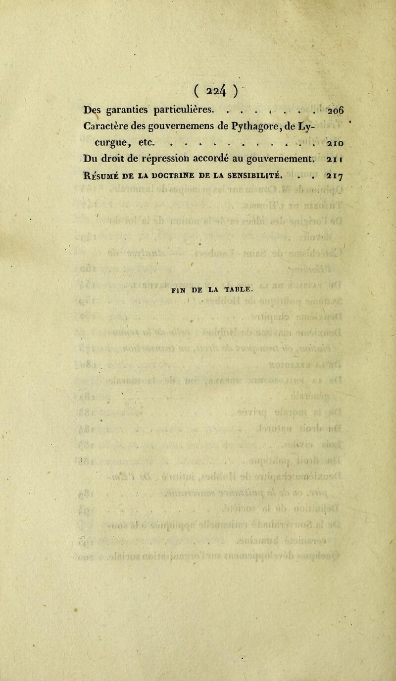 Des garanties particulières. ....... Caractère des gouvernemens de Pythagore, de Ly- curgue , etc Du droit de répression accordé au gouvernement. Résumé de la doctrine de la sensibilité. . . 206 210 211 217 FIN DE LA TABLE.