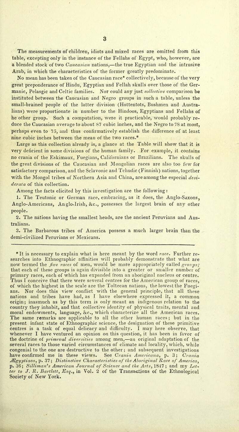 The measurements of children, idiots and mixed races are omitted from this table, excepting only in the instance of the Fellahs of Egypt, who, however, are a blended stock of two Caucasian nations,—the true Egyptian and the intrusive Arab, in which the characteristics of the former greatly predominate. No mean has been taken of the Caucasian race* collectively, because of the very great preponderance of Hindu, Egyptian and Fellah skulls over those of the Ger- manic, Pelasgic and Celtic families. Nor could any just collective comparison be instituted between the Caucasian and Negro groups in such a table, unless the small-brained people of the latter division (Hottentots, Bushmen and Austra- lians) were proportionate in number to the Hindoos, Egyptians and Fellahs of he other group. Such a computation, were it practicable, would probably re- duce the Caucasian average to about 87 cubic inches, and the Negro to 78 at most, perhaps even to 75, and thus confirmatively establish the difference of at least nine cubic inches between the mean of the two races.* Large as this collection already is, a glance at the Table will show that it is very deficient in some divisions of the human family. For example, it contains no crania of the Eskimaux, Fuegians, Californians or Brazilians. The skulls of the great divisions of the Caucasian and Mongolian races are also too few for satisfactory comparison, and the Sclavonic and Tchudic (Finnish) nations, together with the Mongol tribes of Northern Asia and China, are among the especial desi- derata of this collection. Among the facts elicited by this investigation are the following: 1. The Teutonic or German race, embracing, as it does, the Anglo-Saxons, Anglo-Americans, Anglo-Irish, &c., possesses the largest brain of any other people. 2. The nations having the smallest heads, are the ancient Peruvians and Aus- tralians. 3. The Barbarous tribes of America possess a much larger brain than the demi-civilized Peruvians or Mexicans. •It is necessary to explain what is here meant by the word race. Further re- searches into Ethnographic affinities will probably demonstrate that what are now termed the five races of men, would be more appropriately called groups; that each of these groups is again divisible into a greater or smaller number of primary races, each of which has expanded from an aboriginal nucleus or centre. Thus I conceive that there were several centres for the American group of races, of which the highest in the scale are the Toltecan nations, the lowest the Fuegi- ans. Nor does this view conflict with the general principle, that all these nations and tribes have had, as I have elsewhere expressed it, a common origin; inasmuch as by this term is only meant an indigenous relation to the country they inhabit, and that collective identity of physical traits, mental and moral endowments, language, &c., which characterize all the American races. The same remarks are applicable to all the other human races; but in the present infant state of Ethnographic science, the designation of these primitive centres is a task of equal delicacy and difficulty. I may here observe, that whenever I have ventured an opinion on this question, it has been in favor of the doctrine of primeval diversities among men,—an original adaptation of the several races to those varied circumstances of climate and locality, which, while congenial to the one are destructive to the other; and subsequent investigations have confirmed me in these views. See Crania Americana, p. 3; Crania JEgyptiaca, p. 37; Distinctive Characteristics of the Aboriginal Dace of America, p. 36; Silliman’s American Journal of Science and the Arts, 1847 ; and my Let- ter to J. R. Bartlett, Esq., in Yol. 2 of the Transactions of the Ethnological Society of New York.