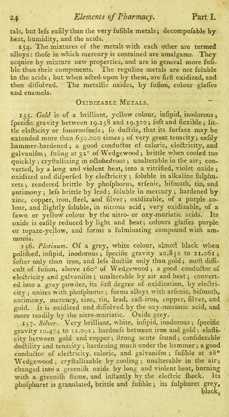 tals, but lefs eafily than the very fufible metals ; decompofable by heat, humidity, and the acids. / 154. The mixtures of the metals with each other are termed alloys : thofe in which mercury is contained are amalgams. They acquire by mixture new properties, and are in general more fufi- ble than their components. The reguline metals are not foluble in the acids ; but when aCted upon by them, are firft oxidized, and then diffolved. The metallic oxides, by fulion, colour glaffes and enamels. Oxidizable Metals. 155. Gold is of a brilliant, yellow colour, inlipid, inodorous; fpecific gravity between 19.258 and 19.300 ; foft and flexible ; lit- tle elafticity or fonoroufnefs ; fo duCtile, that its furface may be extended more than 650.000 times ; of very great tenacity ; eafily hammer-hardened; a good conductor of caloric, eleCtricity, and galvanifm; fuiing at 320 of Wedgewood; brittle when cooled too quickly ; cryftallizing in oCtohedrons; unalterable in the air; con- verted, by a long and violent heat, into a vitrified, violet oxide ; oxidized and difperfed by eleCtricity ; foluble in alkaline fulphu- xets ; rendered brittle by phofpliorus, arfenic, bifmuth, tin, apd antimony ; lefs brittle by lead; foluble in mercury ; hardened by zinc, copper, iron, fteel, and filver; oxidizable, of a purple co- lour, and (lightly foluble, in nitrous acid; very oxidizable, of a fawn or yellow colour by the nitro- or oxy-muriatic acids. Its oxide is eafily reduced by light and heat; colours glaffes purple or topaze-yellow, and forms a fulminating compound with am- monia. 156. Platinum. Gf a grey, white colour, almoft black when polifhed, infipid, inodorous; fpecific gravity 30.850 to 21.061; fofter only than iron, and lefs duCtile only than gold; moil diffi- cult of fufion, above 160° of Wedgewood; a good conductor of electricity and galvanifm ; unalterable by air and heat; convert- ed into a grey powder, its firft degree of oxidization, by electri- city ; unites with phofphorus ; forms alloys with arfenic, bifmuth, antimony, mercury, zinc, tin, lead, cad-iron, copper, filver, arid gold. It is oxidized and diffolved by the oxy-muriatic acid, and more readily by the nitro-miiriatic. Oxide grey. 157. Silver. Very brilliant, white, infipid, inodorous ; fpecific gravity 10.474 to 11.091; hardnefs between iron and gold; elafti- city b^tw^een gold and copper; ftrong acute found; confiderable dudility and tenacity ; hardening much under the hammer; a good conductor of eleCtricity, caloric, and galvanifm ; fufible at 28° Wedgewood, cryftallizable by cooling; unalterable in the air; changed into a greenifh oxide by long and violent heat, burning with a greenifh flame, and inftantly by the eleCtric fhock. Its phofphuret is granulated, brittle and fufible; its fulphuret grey, black*
